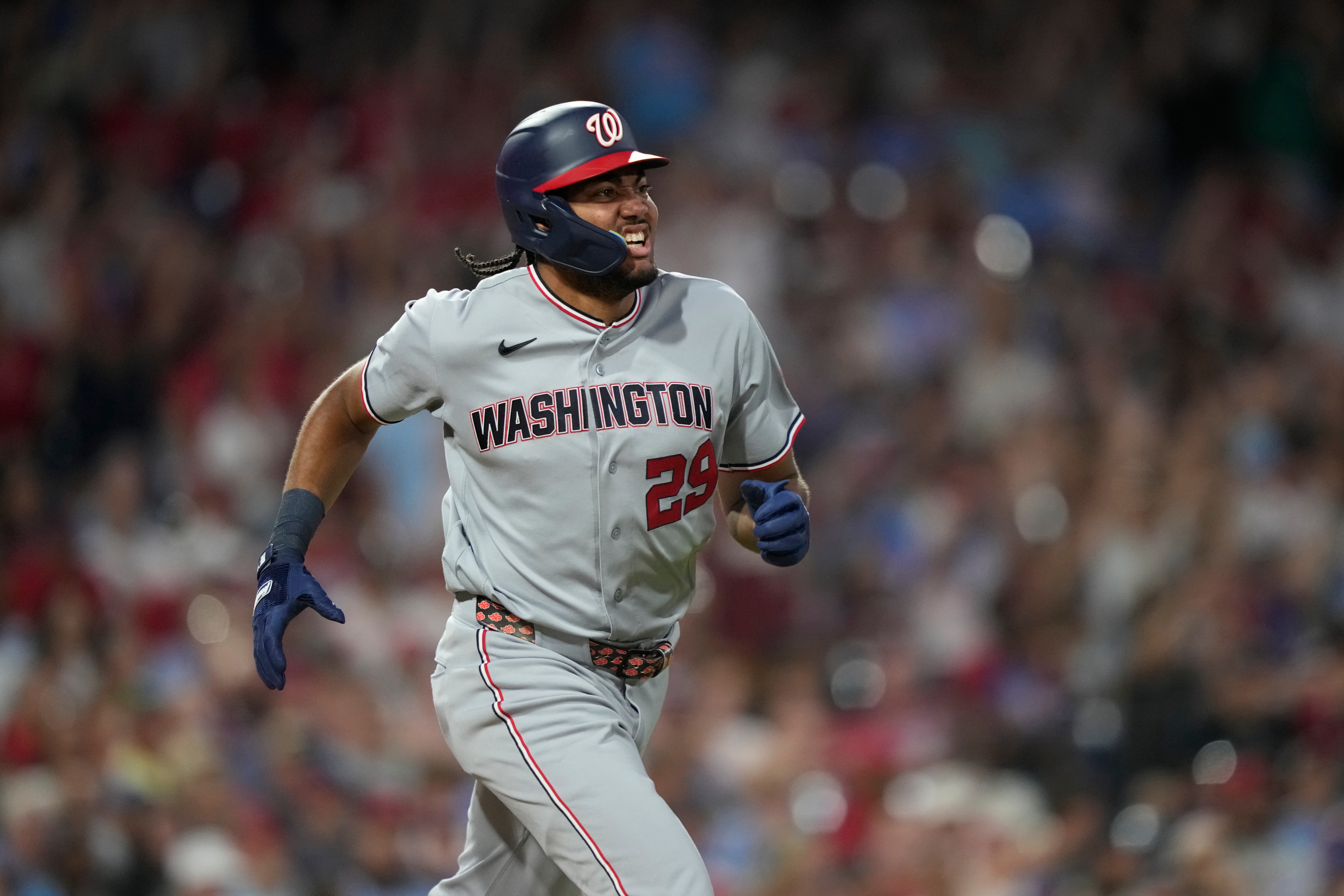 Washington Nationals' James Wood runs during Monday night's game against the Philadelphia Phillies.