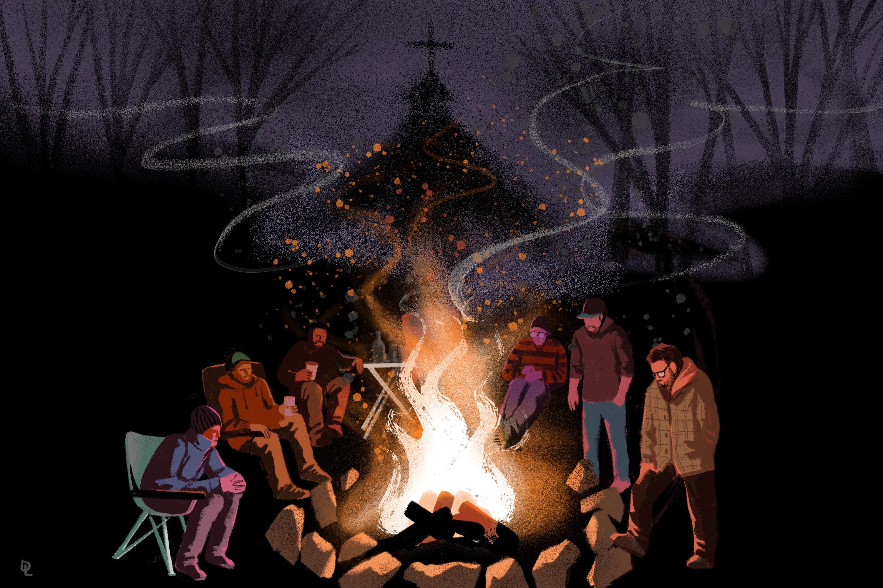 Illustration of nighttime in the forest. A group of men are sitting and standing around a bonfire, the sparks rising. The shadow of a church spire appears in the night sky.