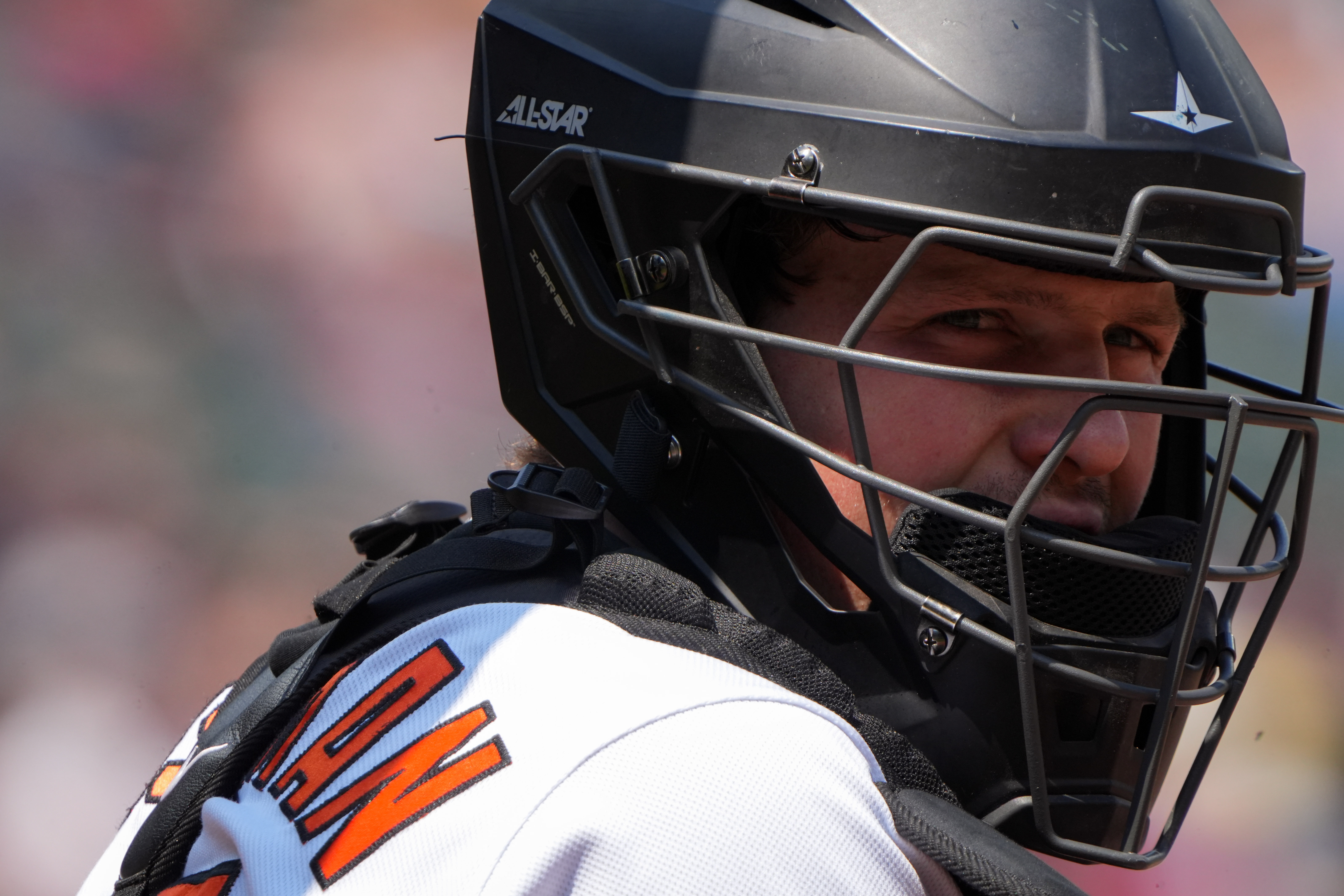 BALTIMORE, MD - APRIL 08: Baltimore Orioles catcher Adley Rutschman (35)  puts his helmet on during the New York Yankees versus Baltimore Orioles MLB  game at Oriole Park at Camden Yards on