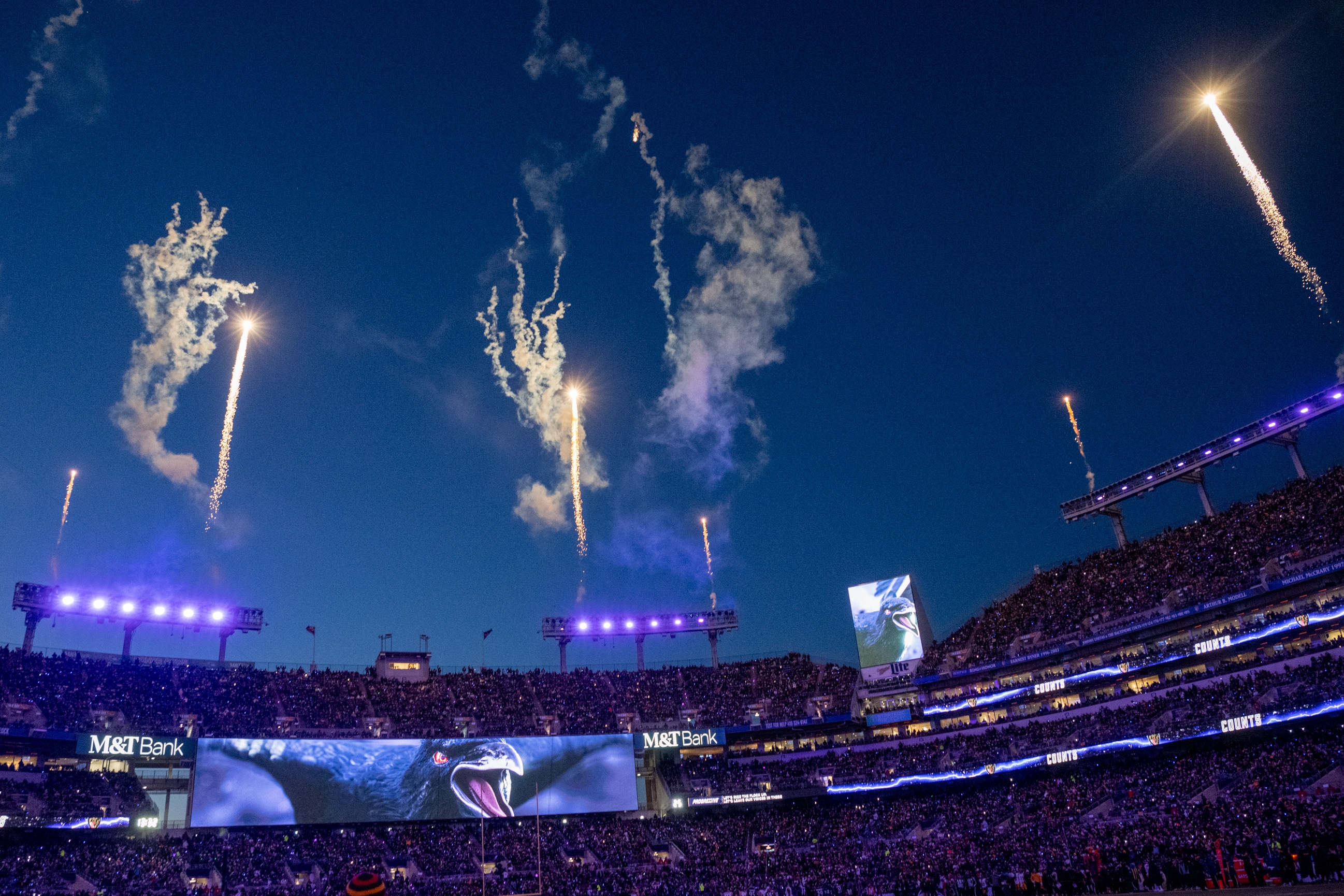 Lights are dimmed and fireworks go off during a break in the action as the Baltimore Ravens host the Pittsburgh Steelers at M&T Bank Stadium on December 21, 2024.