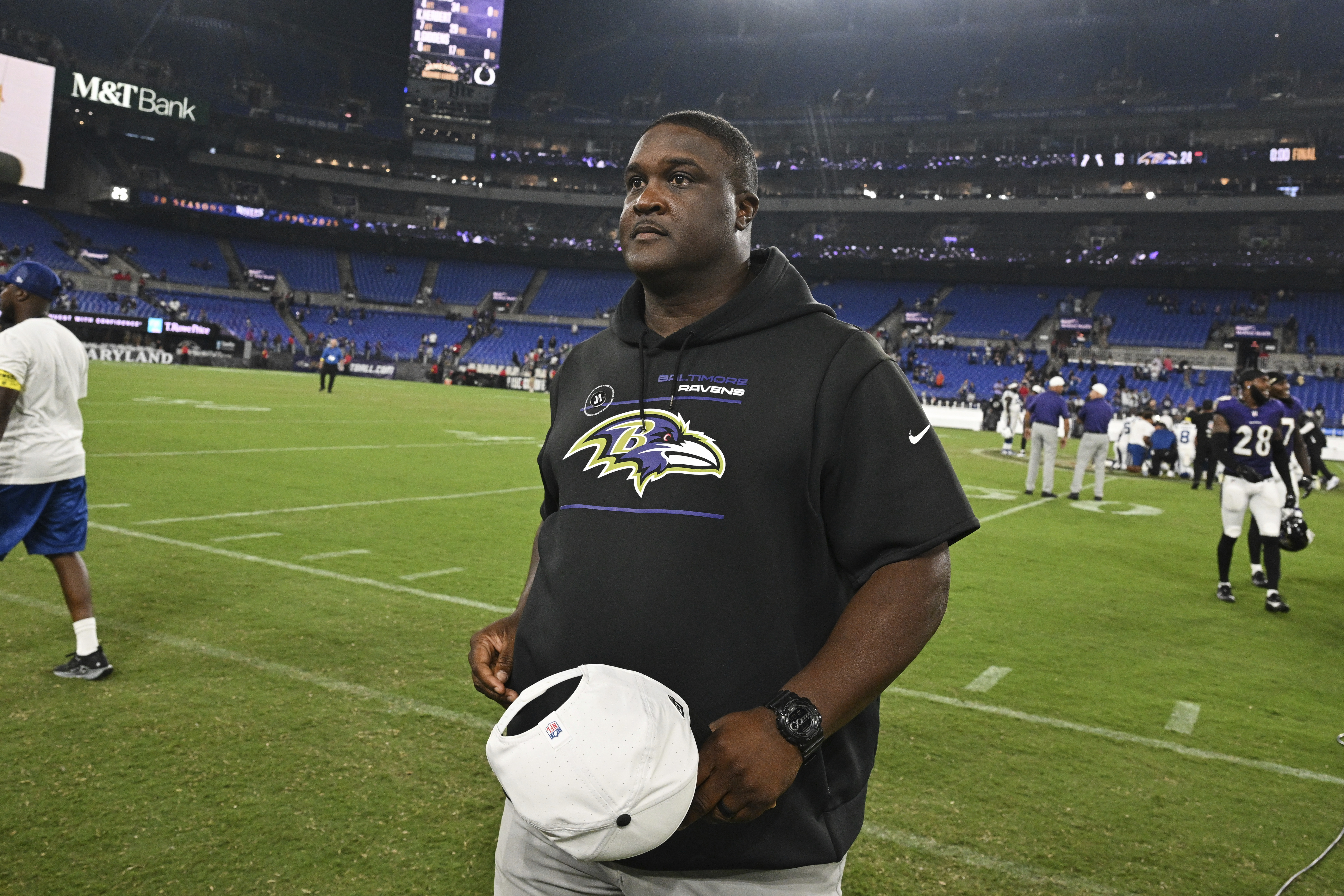 Baltimore Ravens quarterbacks coach Tee Martin walks off the field after an NFL preseason football game against the Indianapolis Colts, Thursday, Aug. 7 2025, in Baltimore. (AP Photo/Terrance Williams)