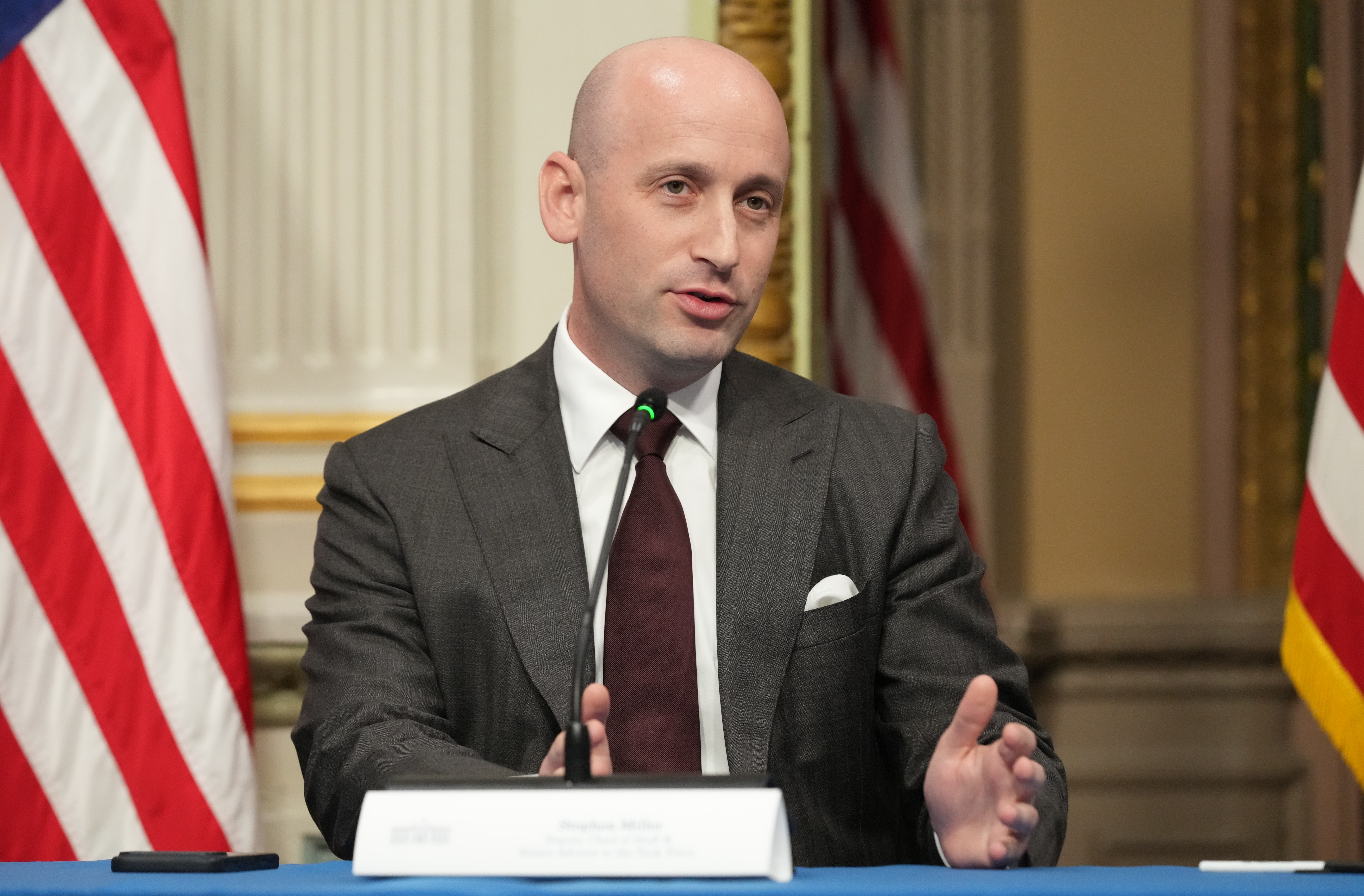 White House Deputy Chief of Staff for Policy Stephen Miller speaks in the Eisenhower Executive Office Building at the White House complex, Tuesday, May 26, 2026, in Washington. (AP Photo/Mark Schiefelbein)