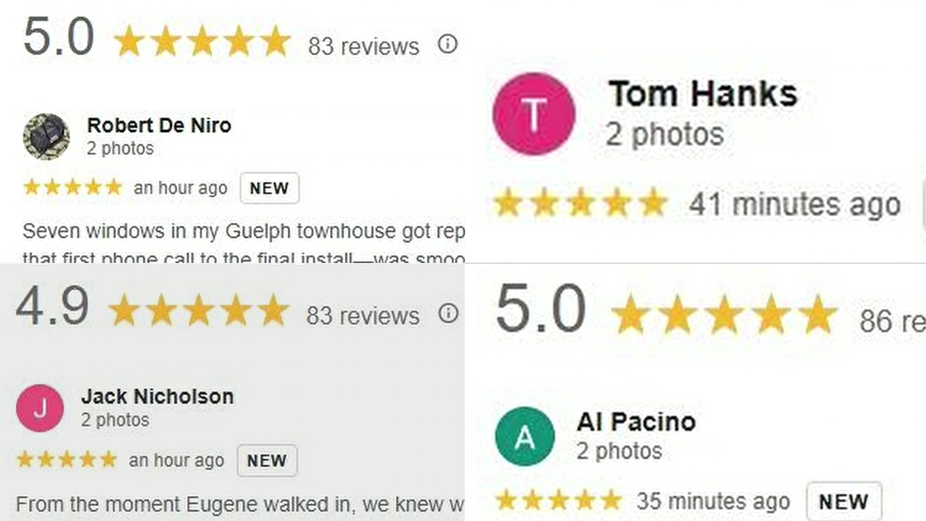 Did these high-profile Hollywood celebrities really provide online reviews for a Toronto window company?