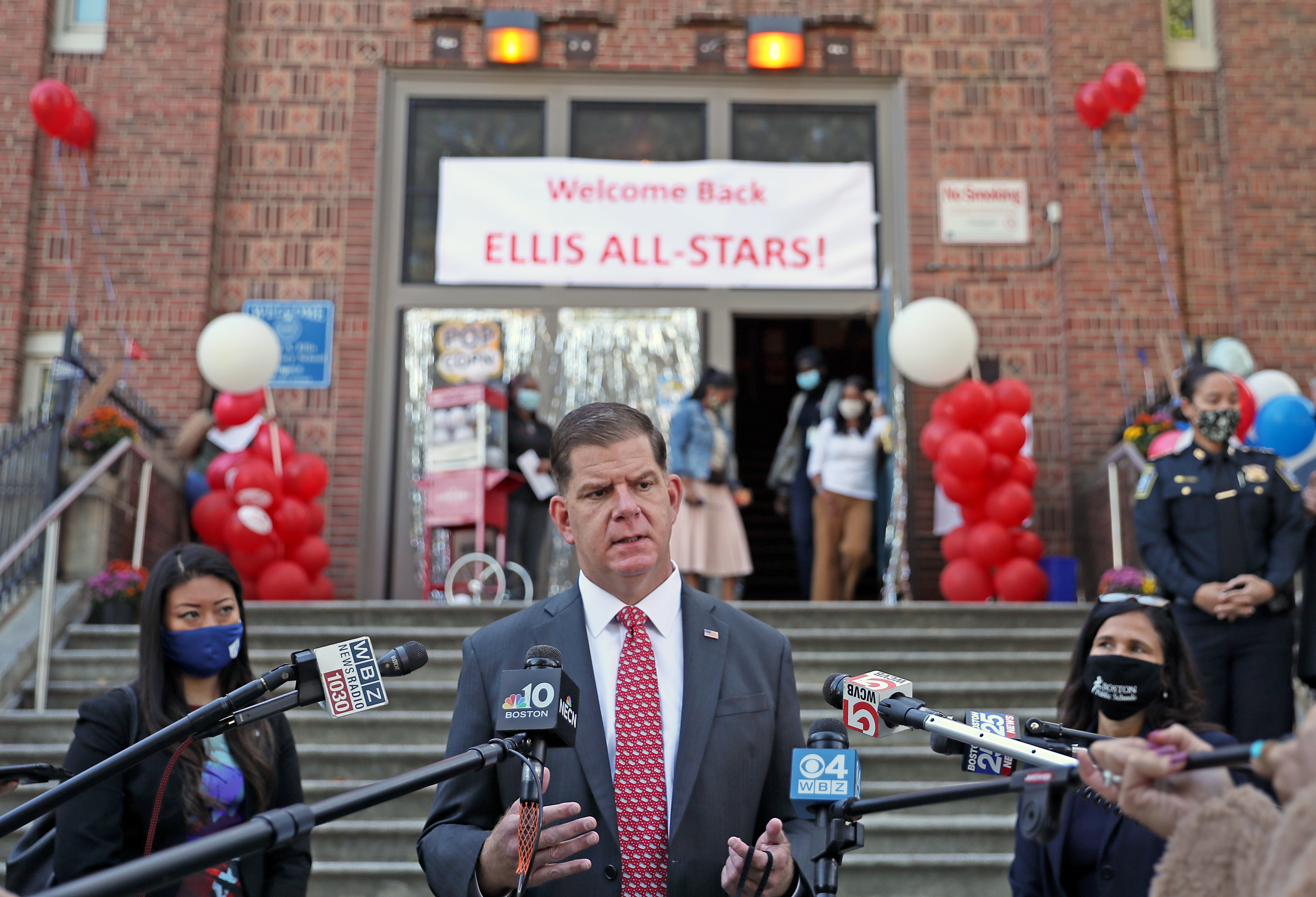 Boston Mayor Martin J. Walsh speaks outside the Ellis Elementary School on Thursday.