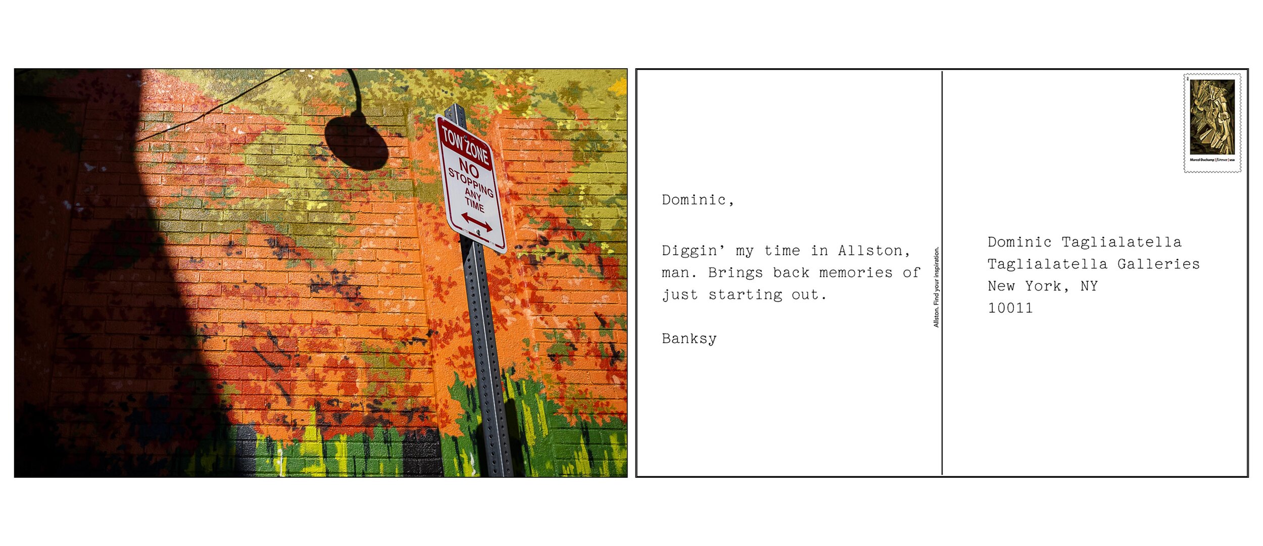 An imaginary postcard from Banksy, sent from Allston