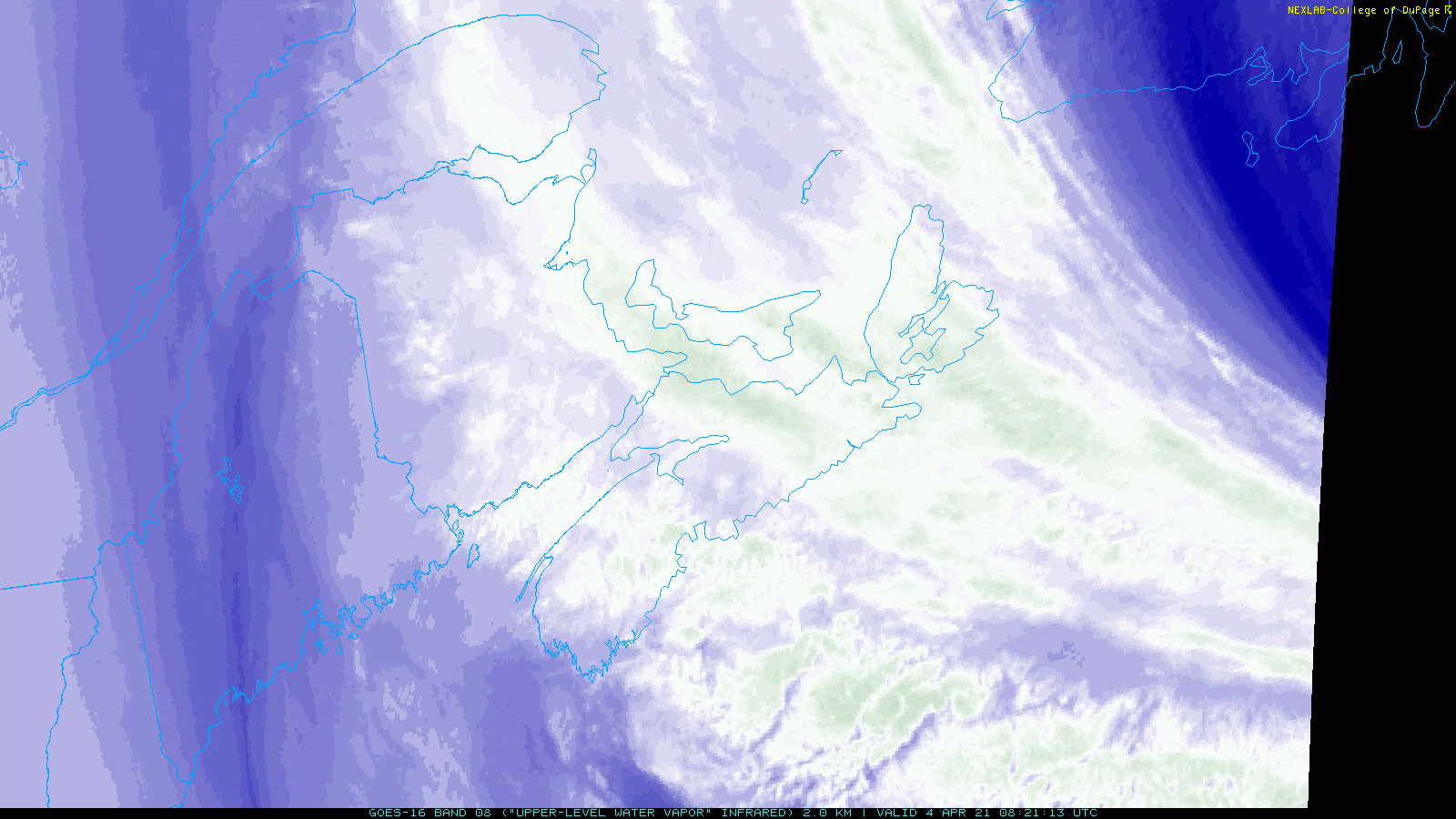 Maine is shown on the left side of the frame as the storm over Nova Scotia moves west early Sunday.