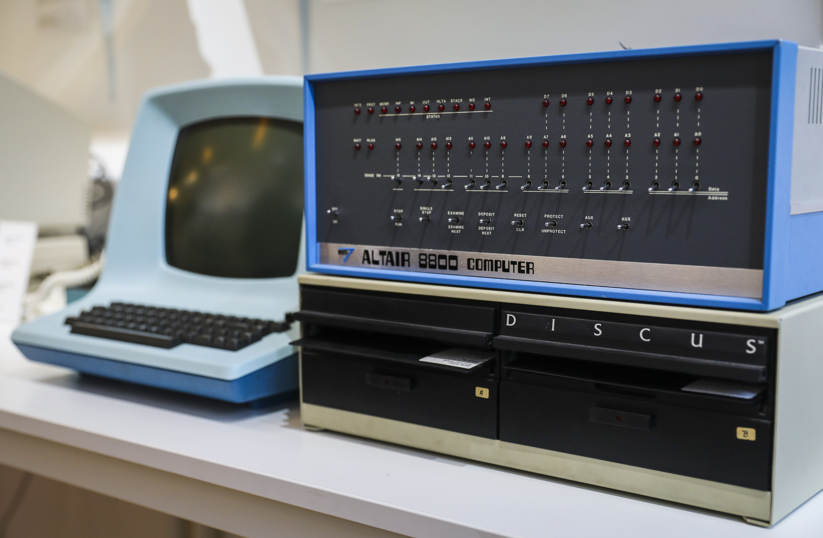 An Altair 8800, designed in 1974, is seen on display at the BYTE Shop in Jamaica Plain. 