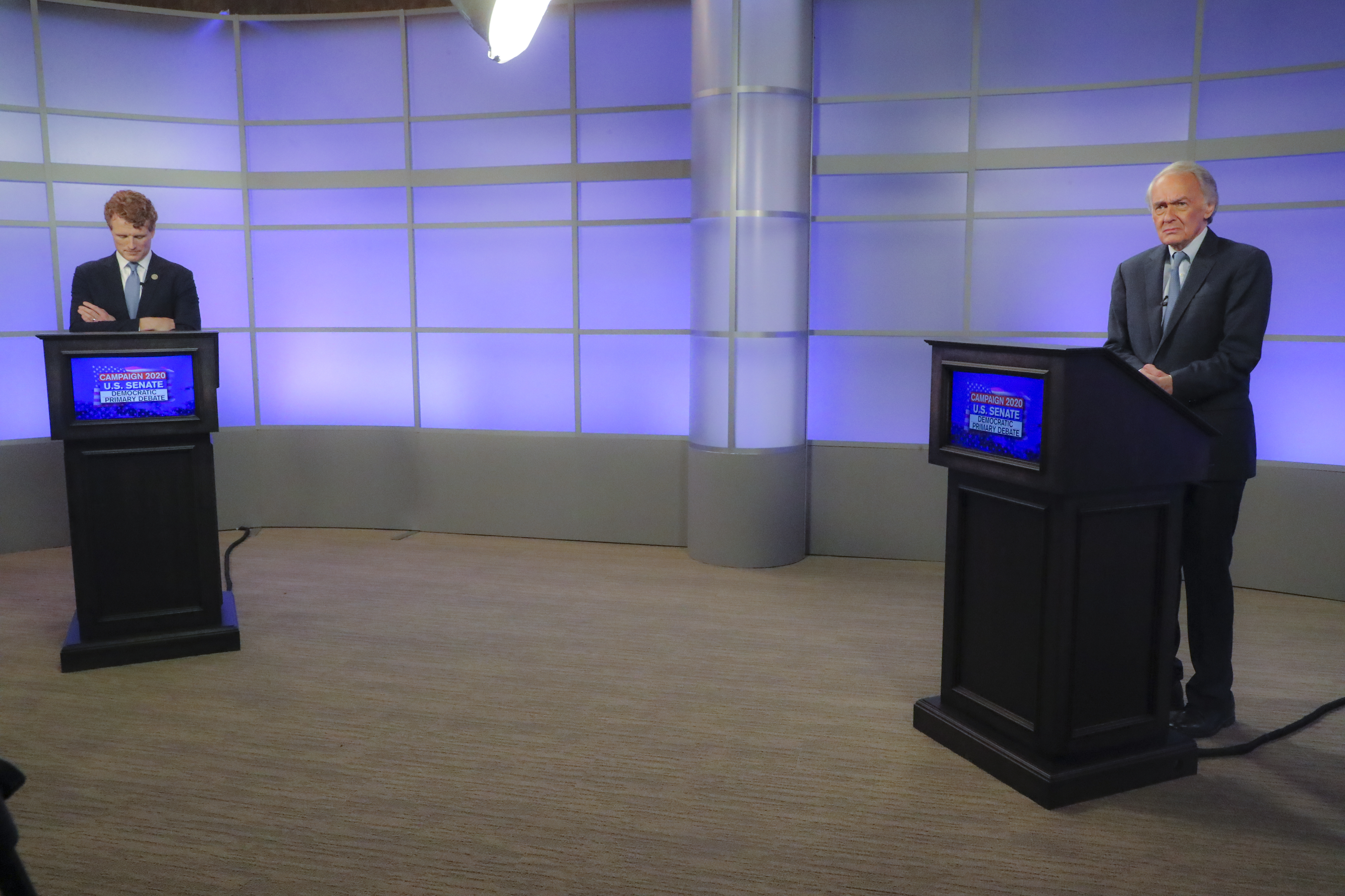 Congressman Joe Kennedy III (left) and Senator Edward Markey waited for their debate to start at Western Mass News in Springfield.
