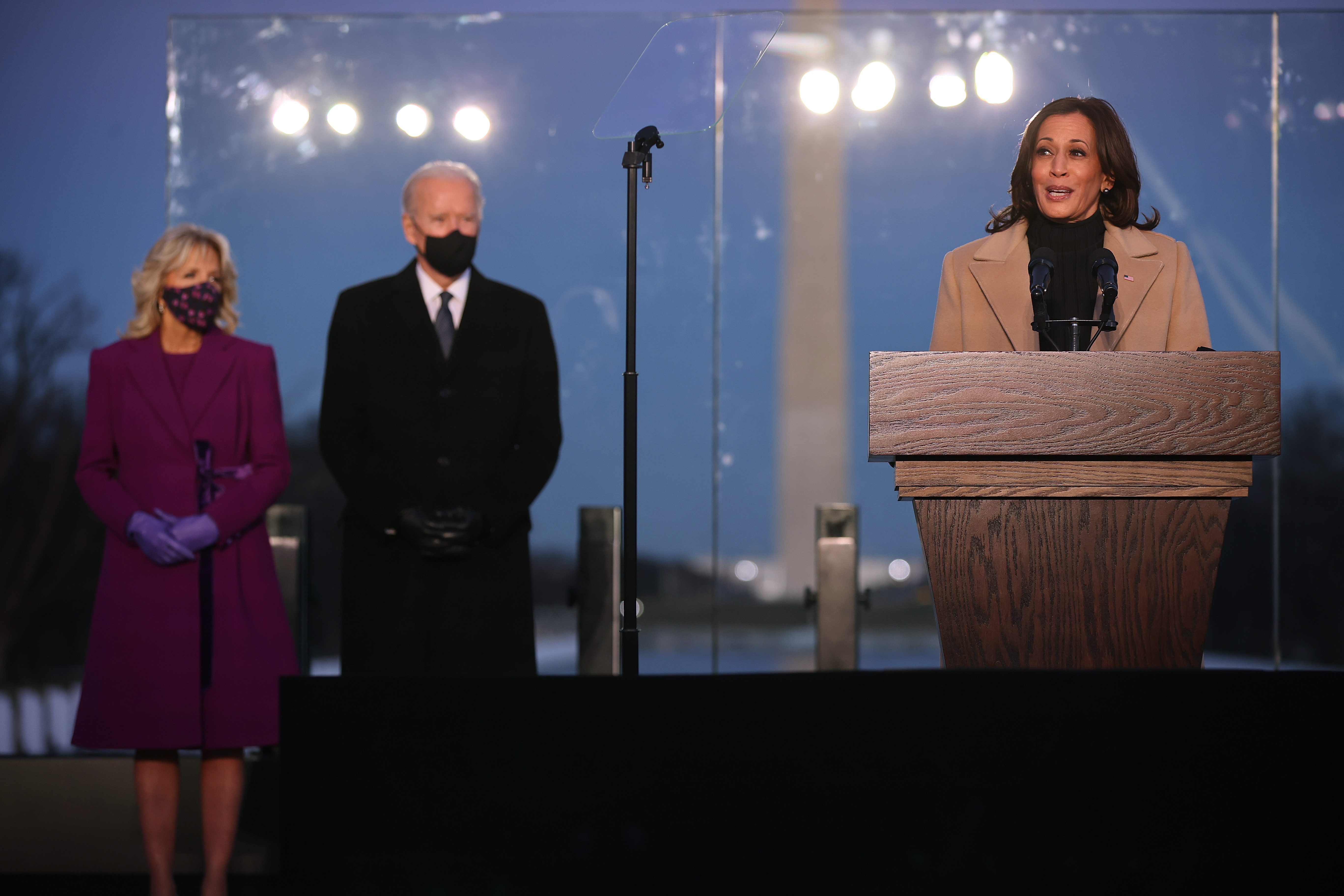 Vice President-elect Kamala Harris spoke at the COVID-19 Memorial Service in Washington, D.C., on Tuesday night while President-elect Joe Biden and Jill Biden looked on.