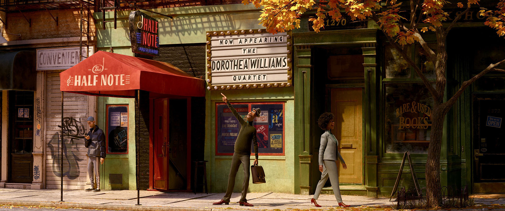 Joe Gardner (voiced by Jamie Foxx) outside a New York jazz club in "Soul."