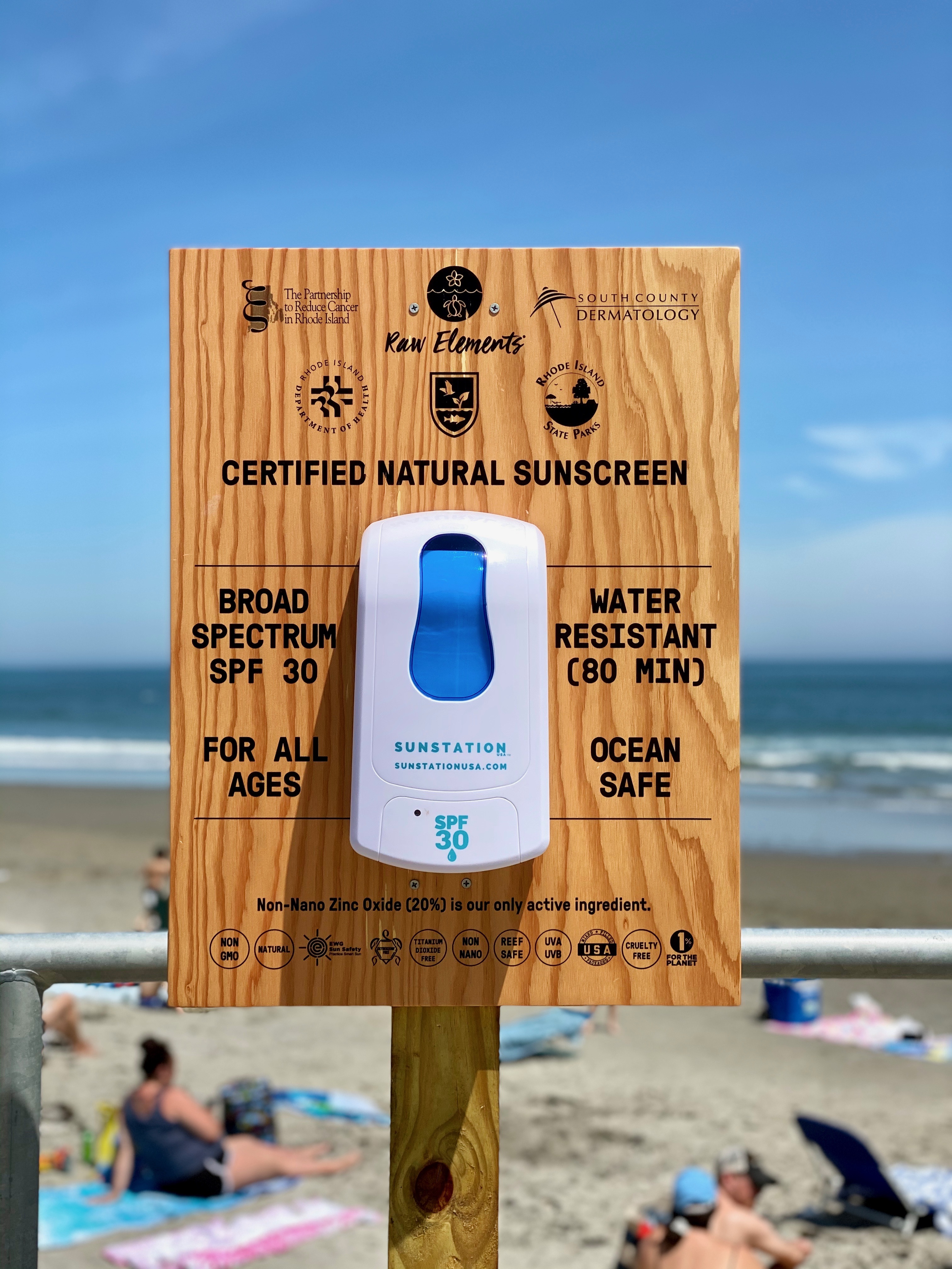 Environmentally-safe sunscreen dispenser stations at all R.I. state beaches.