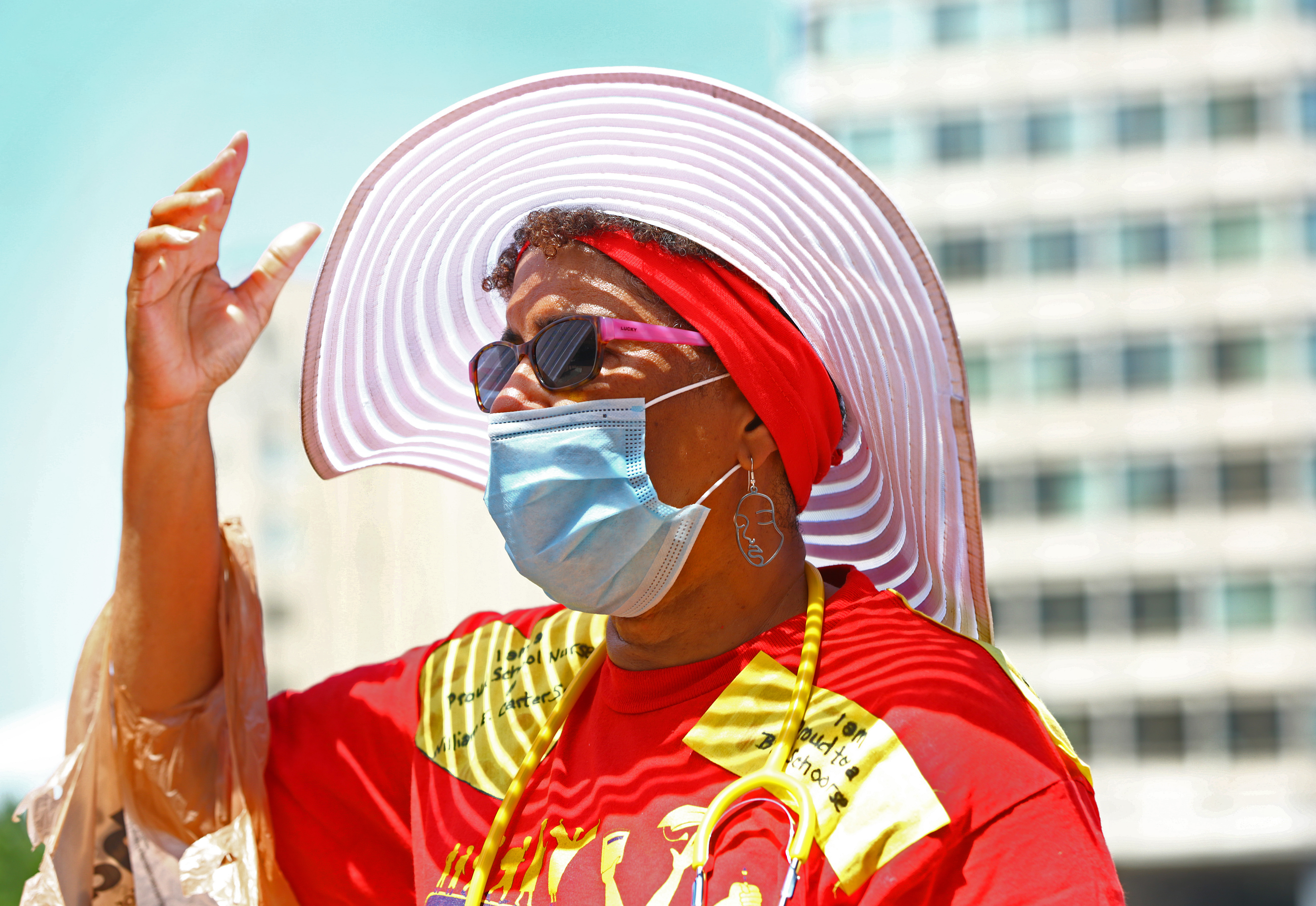 Sharon Harrison, a school nurse at the William E. Carter School, voiced concerns about her students and their families during a Boston Teachers Union sit-in at City Hall Plaza.