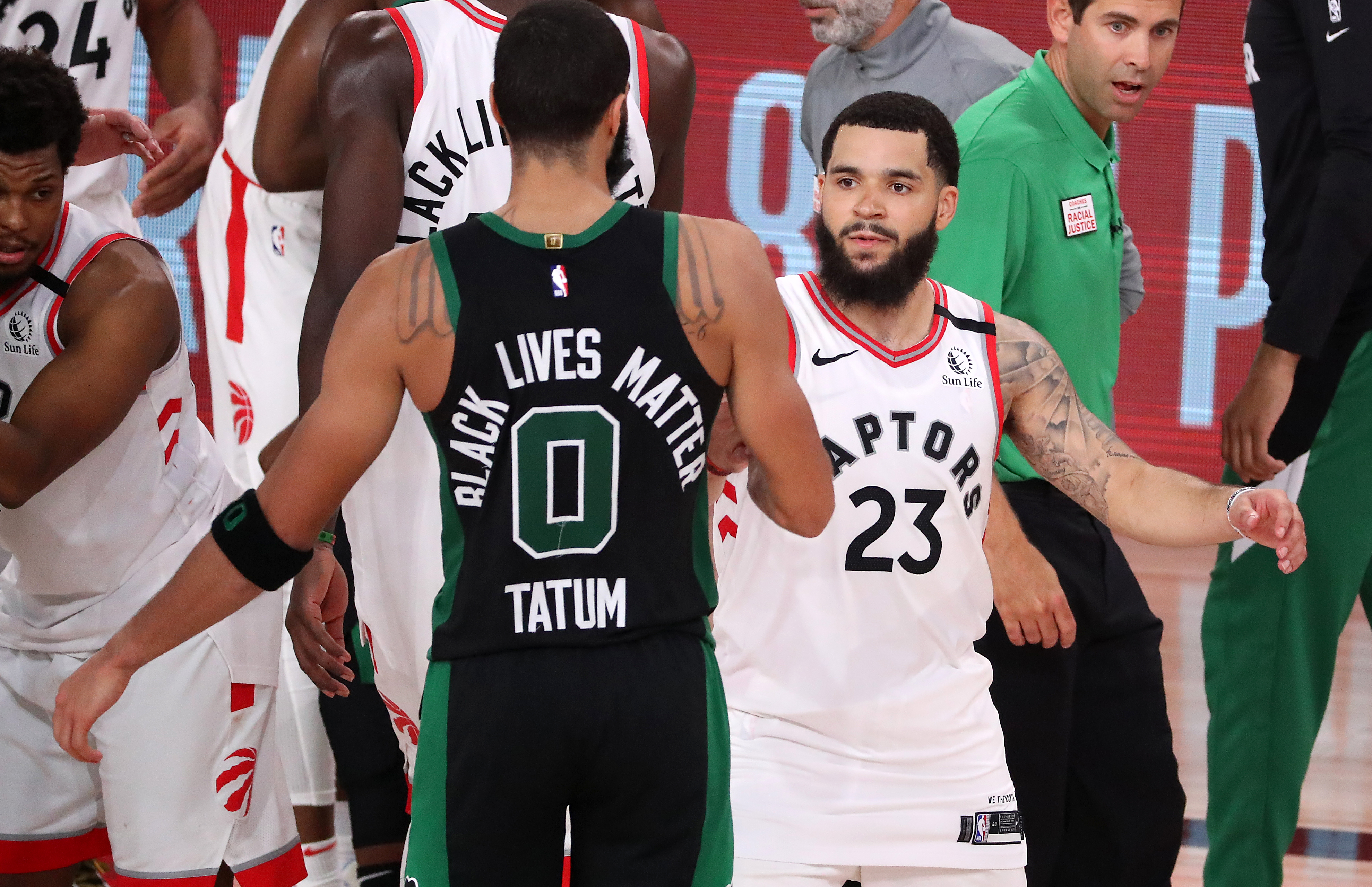 Jayson Tatum and Fred VanVleet offer each other respect at the end of a seven-game series in which four of the games were decided by five points or fewer.