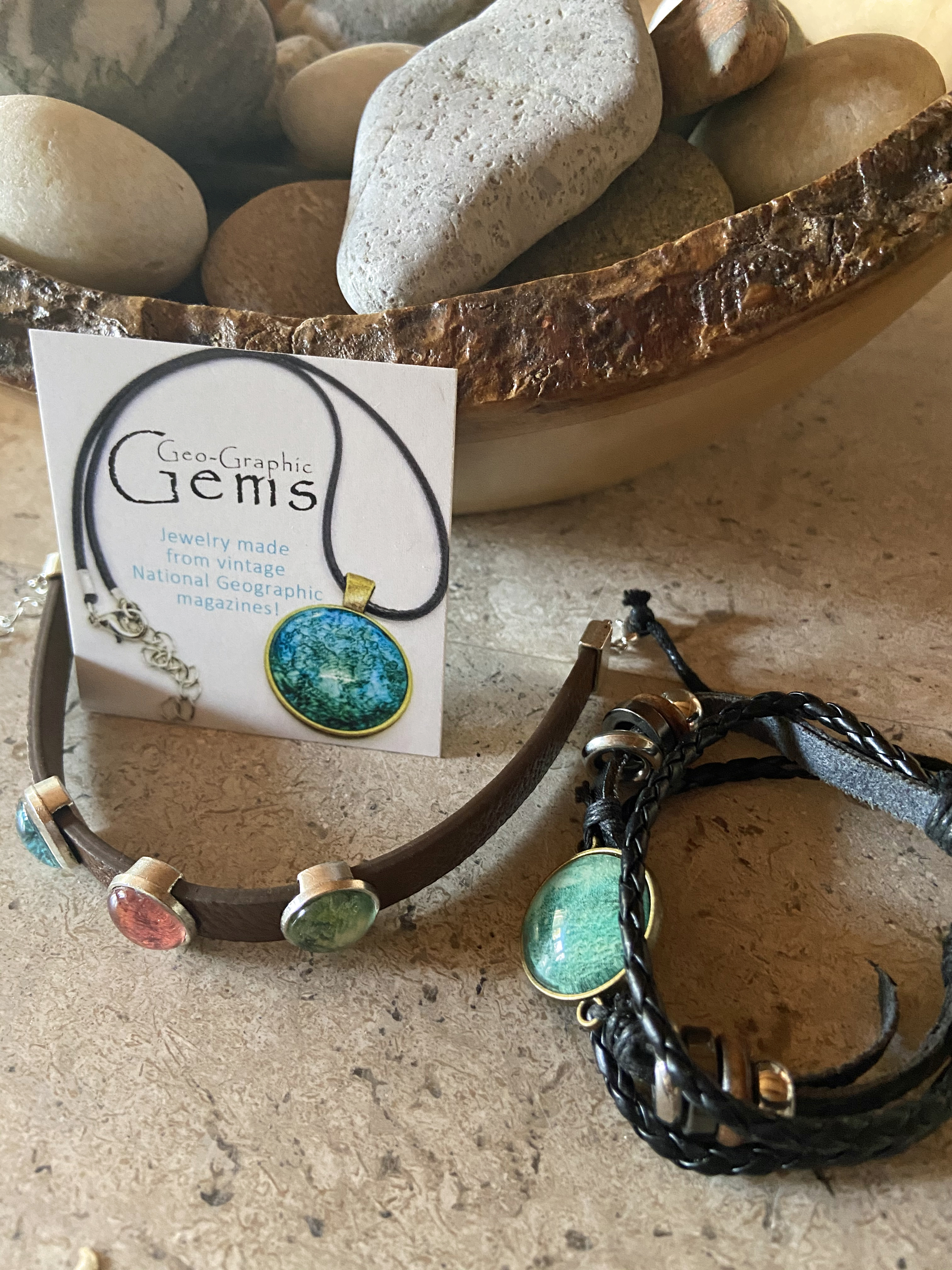 Marcia Passos-Duffy up-cycles vintage Nat Geos by marbleizing their pages to create artful “gems.”