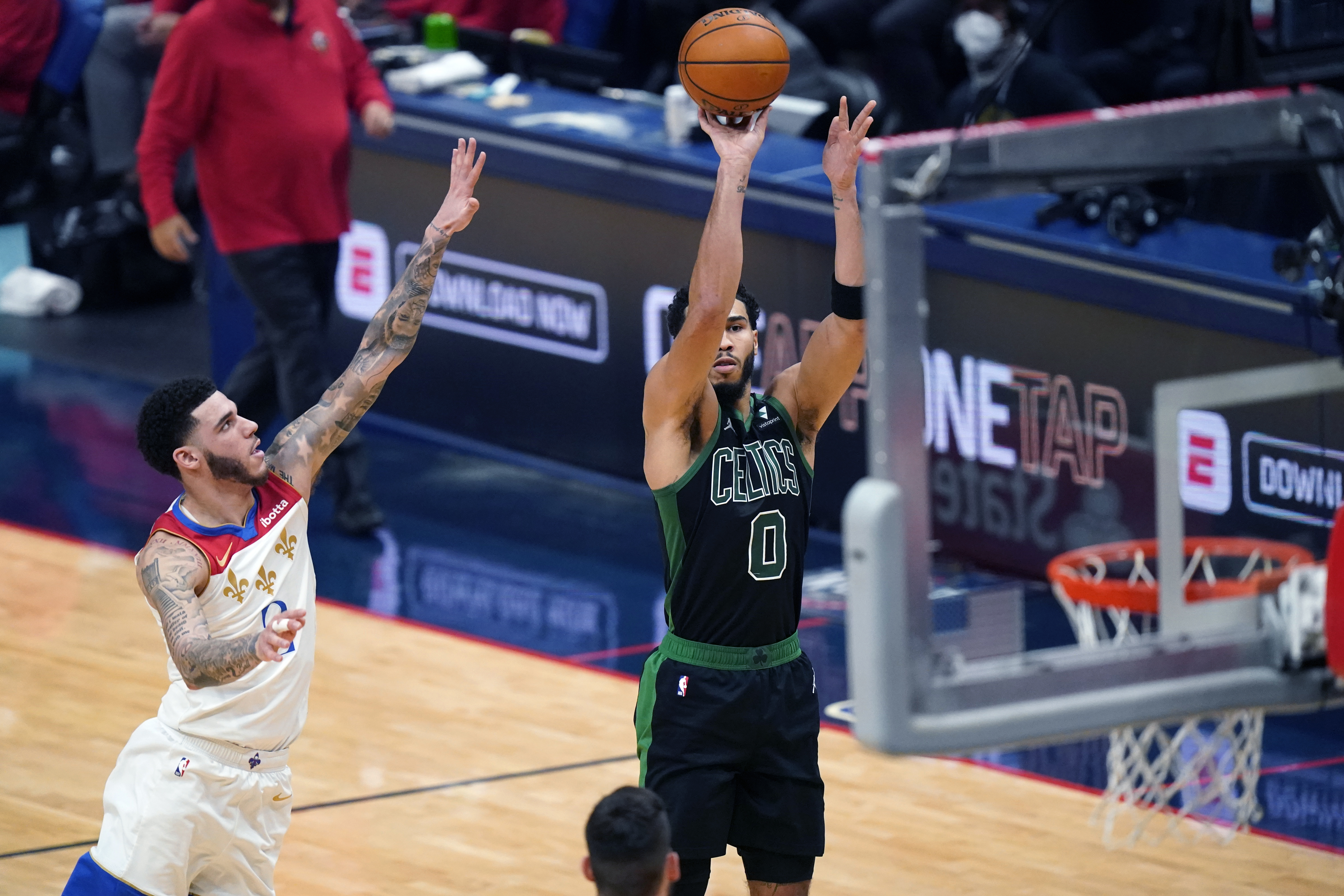 Jayson Tatum shoots against Lonzo Ball in the second half of Sunday's loss.