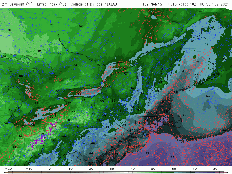 Tropical air as seen with the purple color will be pushed out to sea Friday morning.