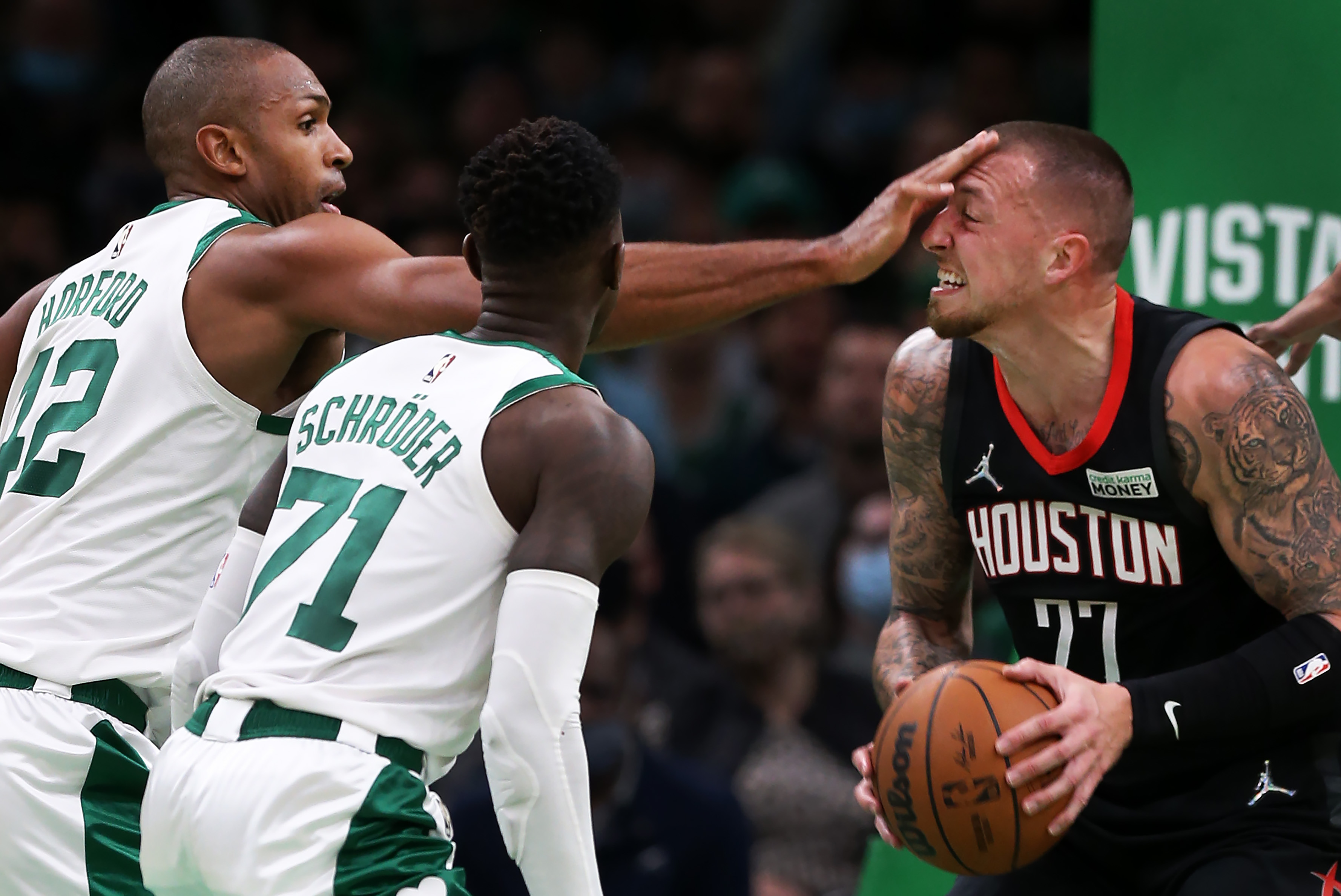 Al Horford plays some genuine in-your-face defense Tuesday night against former Boston big man Daniel Theis, who now suits up for the Rockets.