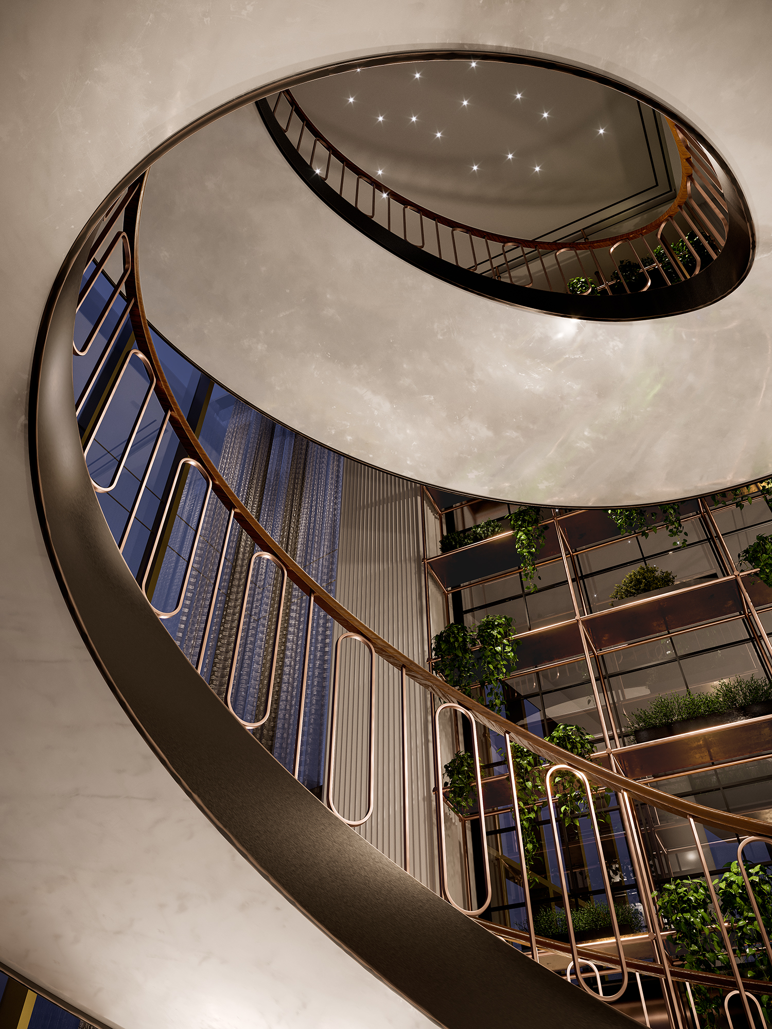 A rendering of the grand staircase to the lobby of Raffles Back Bay Hotel & Residences.