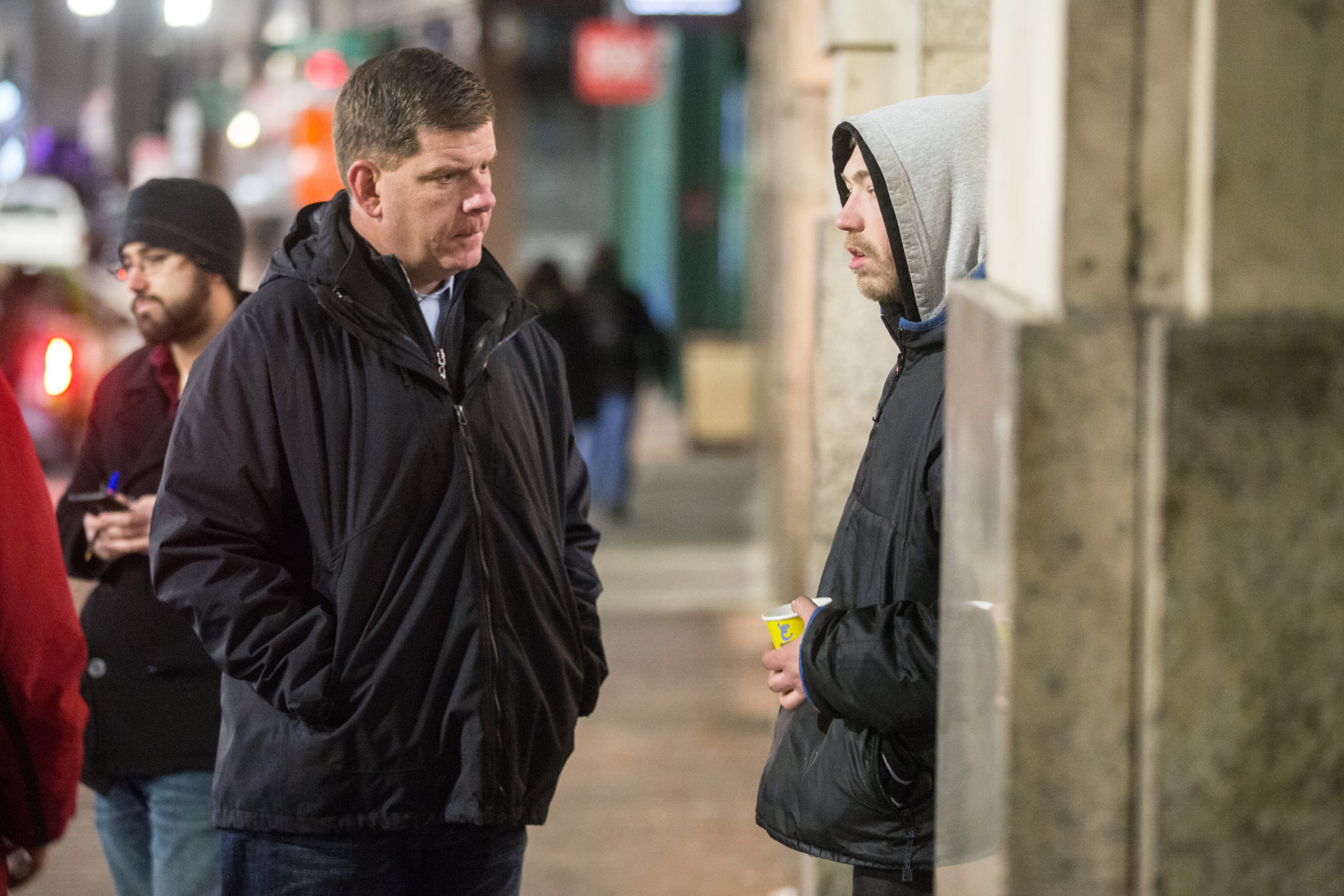 Marty Walsh speaks with Roger Gordon, 29, who was experiencing homelessness, near Downtown Crossing during the January 2016 homeless census.