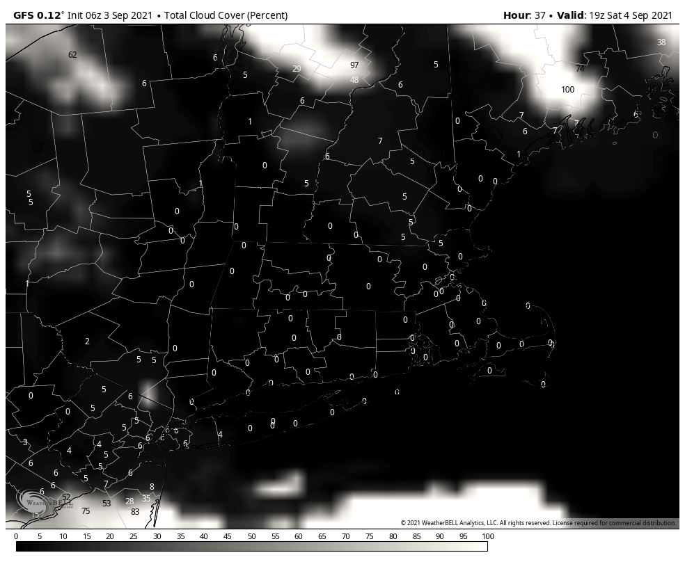 The map above shows the percentage of cloud cover for Saturday. It is about as clear of a forecast as you can get.
