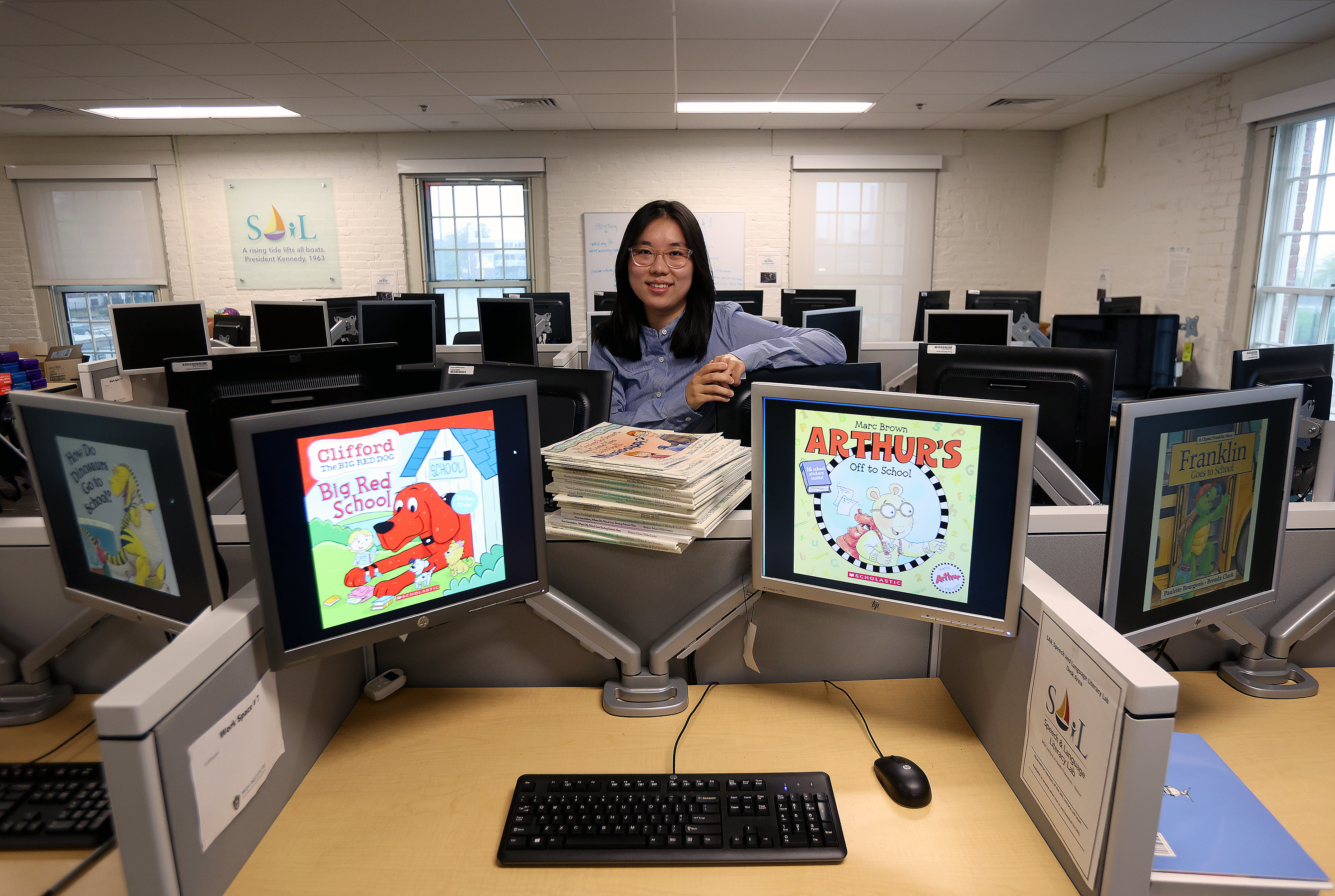 Xue Bao at the MGH Institute of Health Professions language lab.