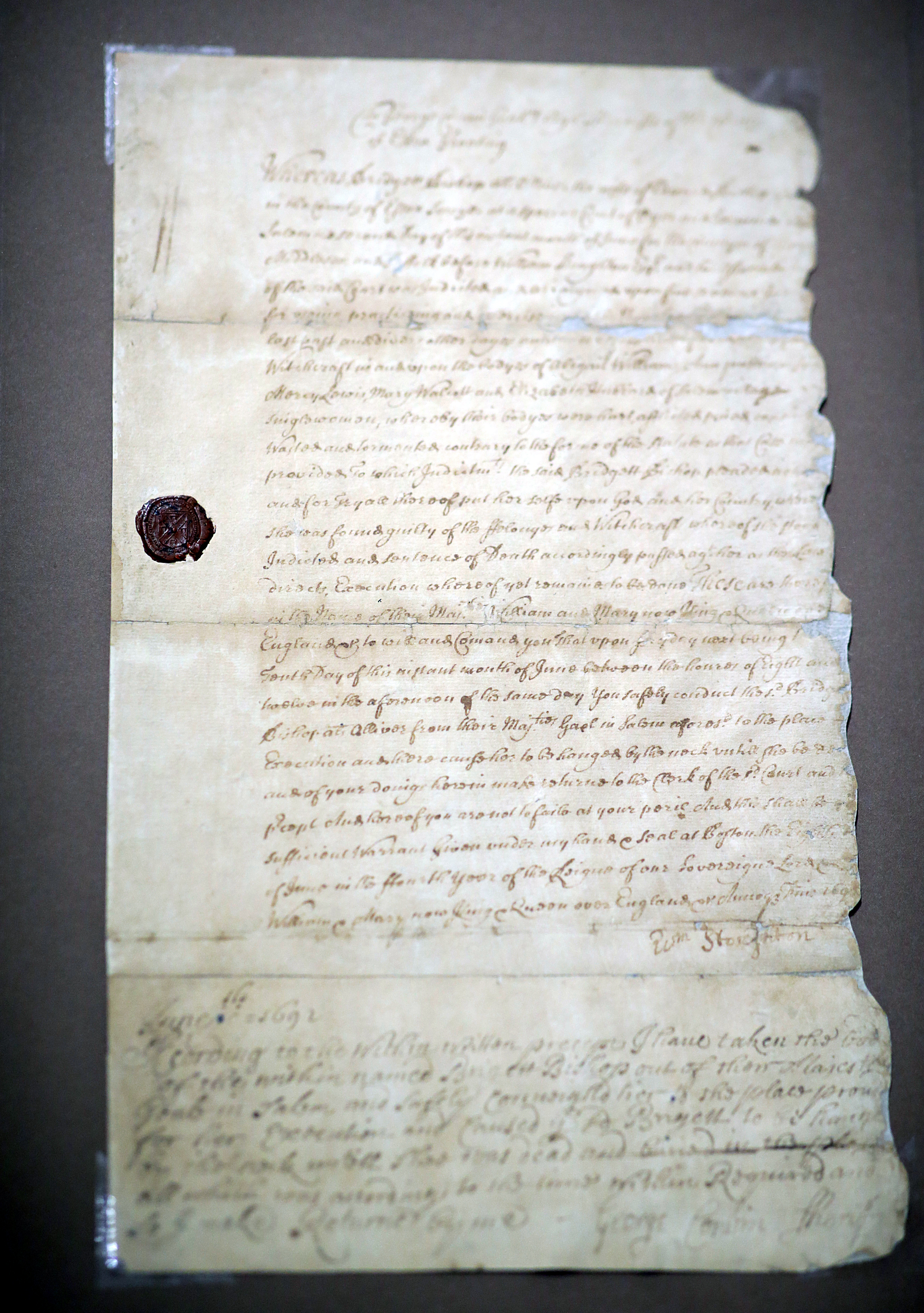 The warrant for the execution of Bridget Bishop, the first person to be convicted during the Witch Trials. On June 10, 1692, she was hanged on what would become known as Proctor’s Ledge in Salem Village.