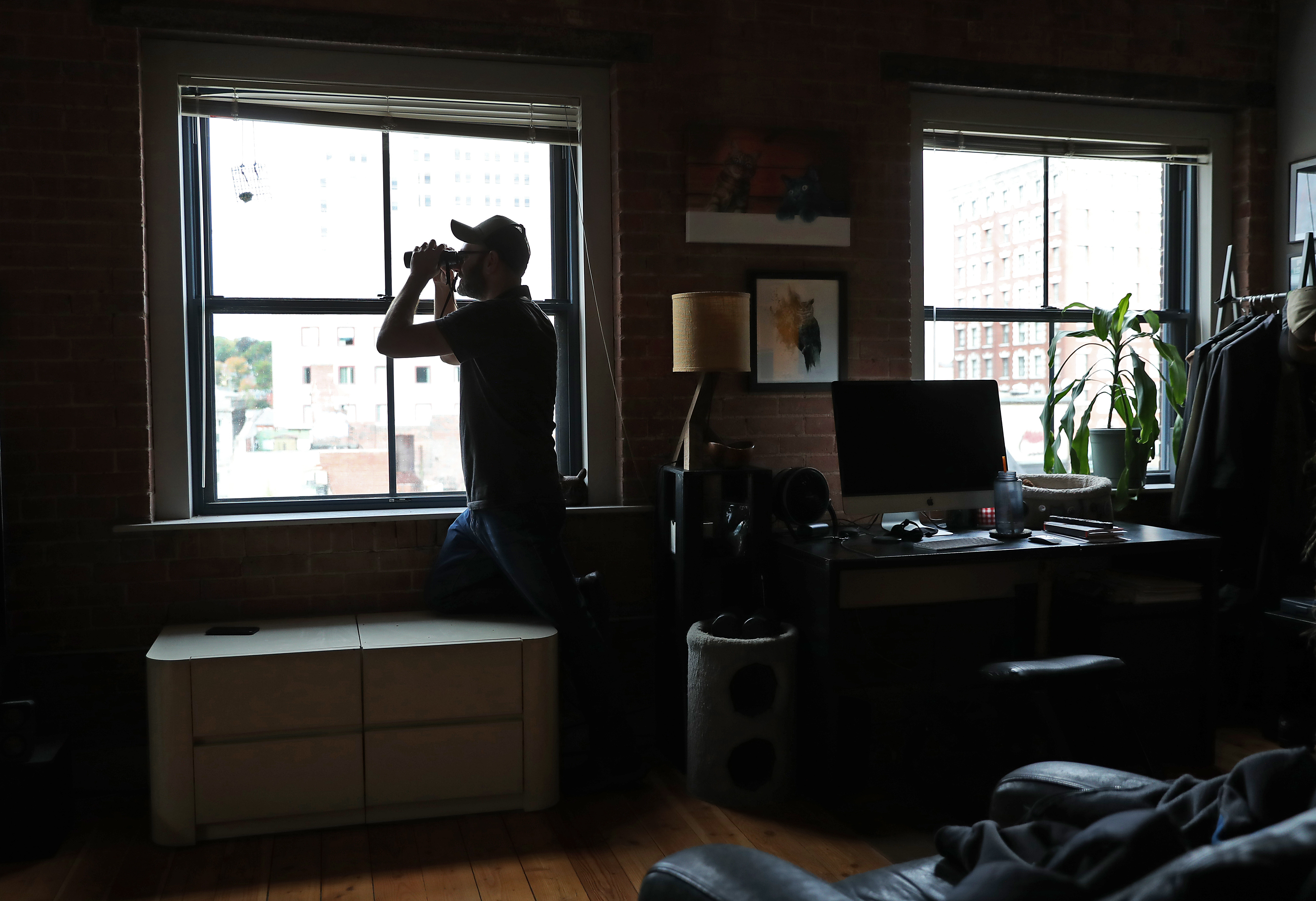 Providence resident Peter Green has documented in his self-published book of photos the presence of hawks and falcons in the city. Green looks out the window of his downtown Providence apartment with binoculars watching for the birds.