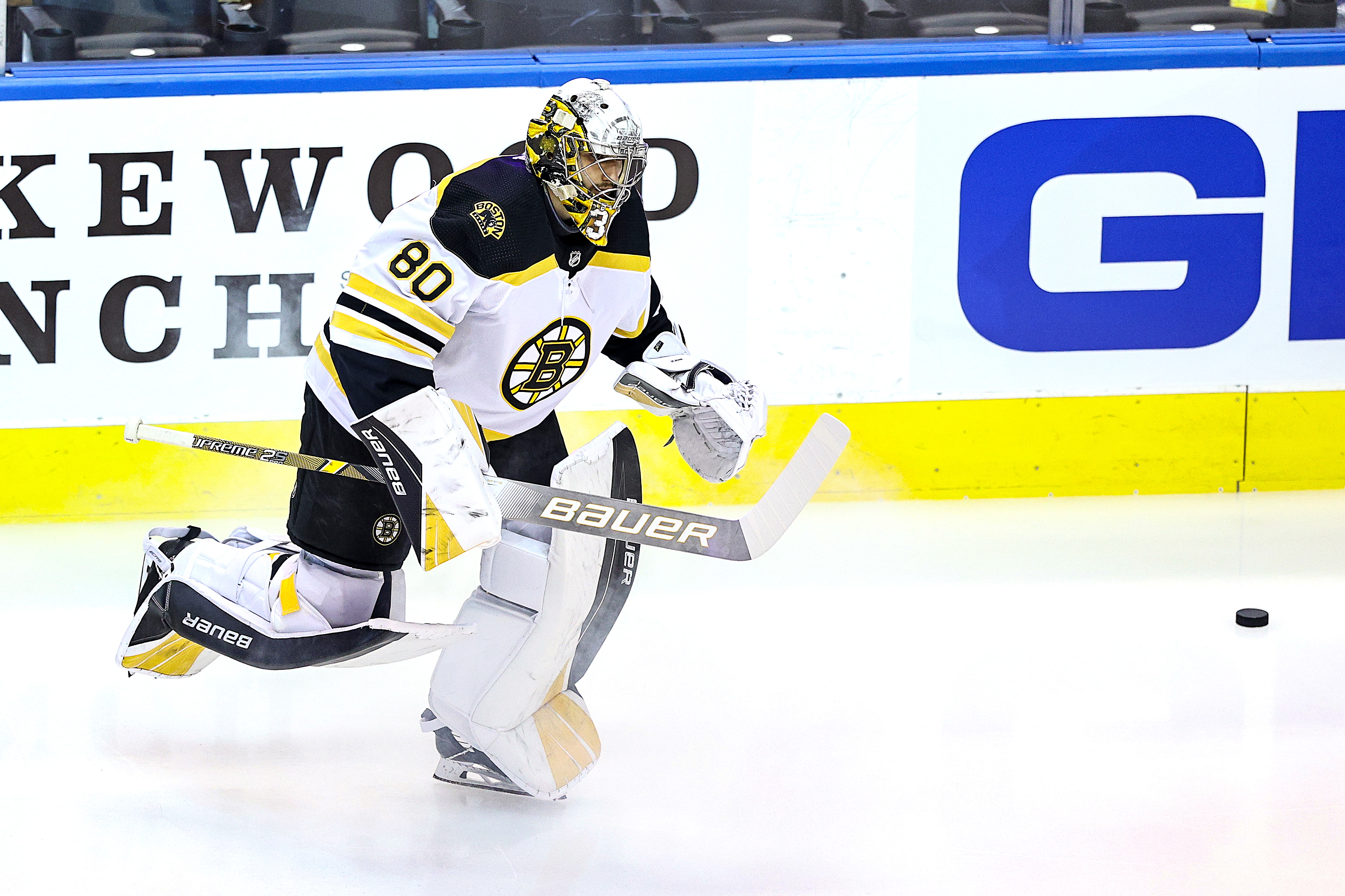 Dan Vladar warms up prior to Sunday's game.