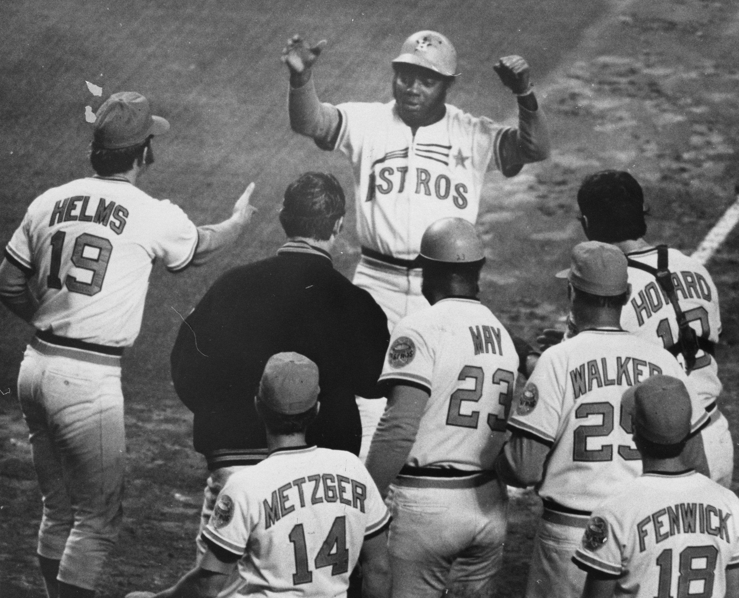 Jimmy Wynn gets a jubilant welcome from his Astros teammates after homering in a 1972 game.