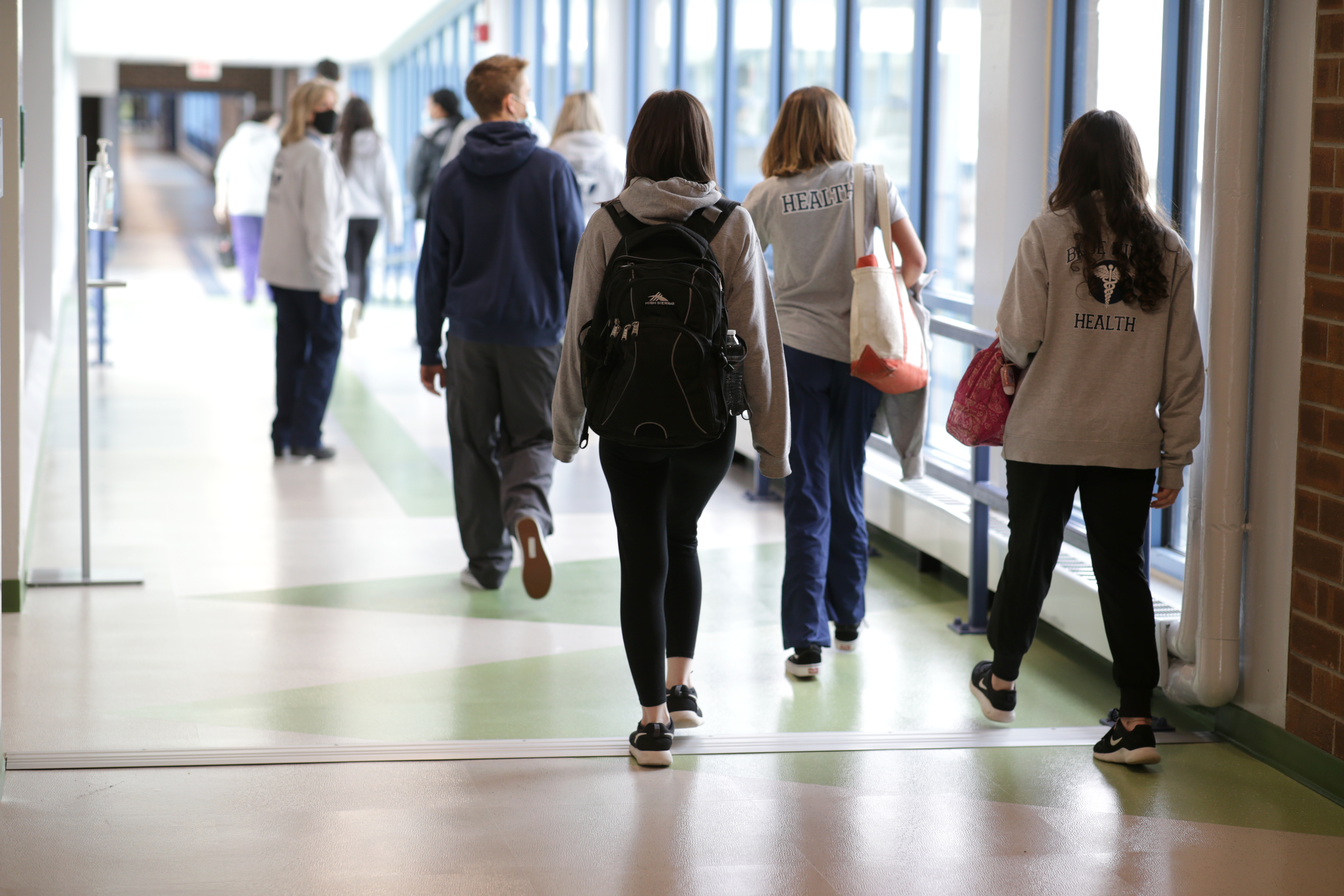 Students passed through a hallway at Blue Hills Regional Technical School.