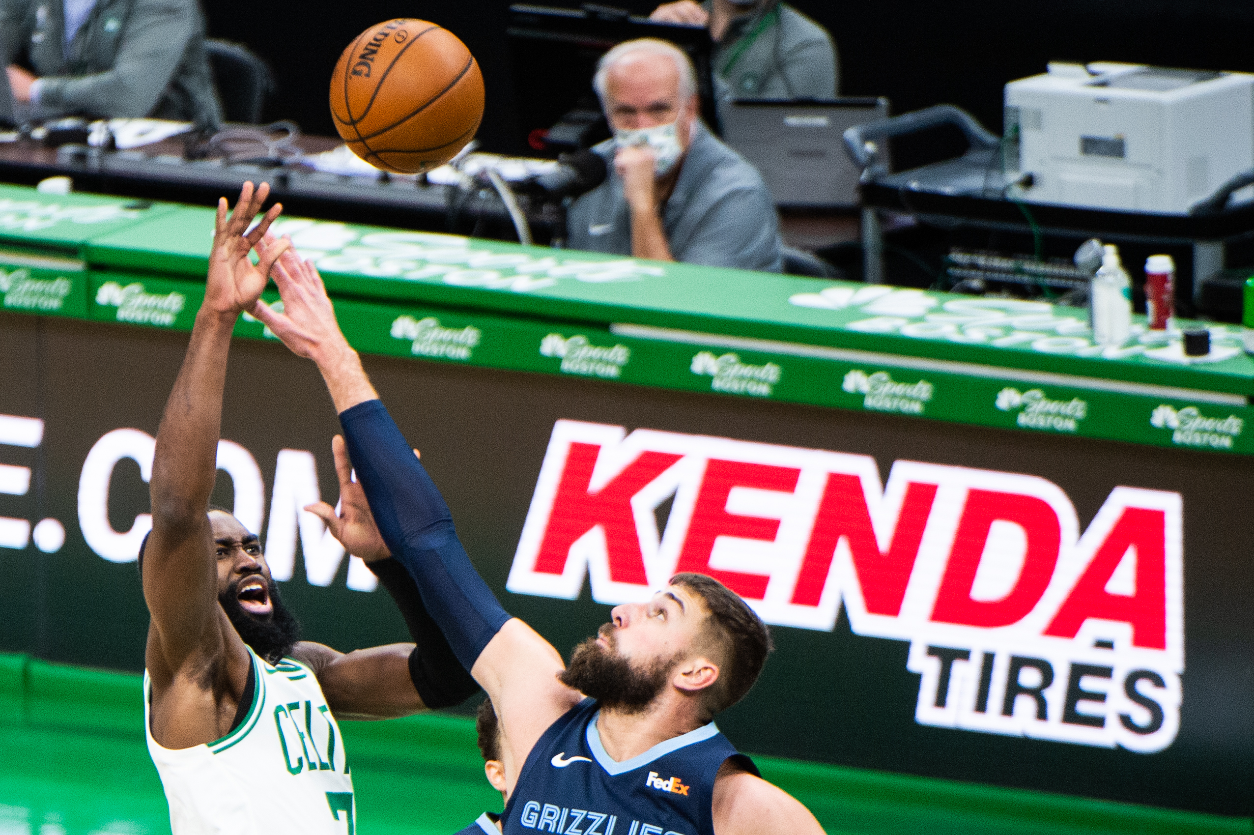 Jaylen Brown shoots against Jonas Valacinunas in the first half of Wednesday's win over Memphis.