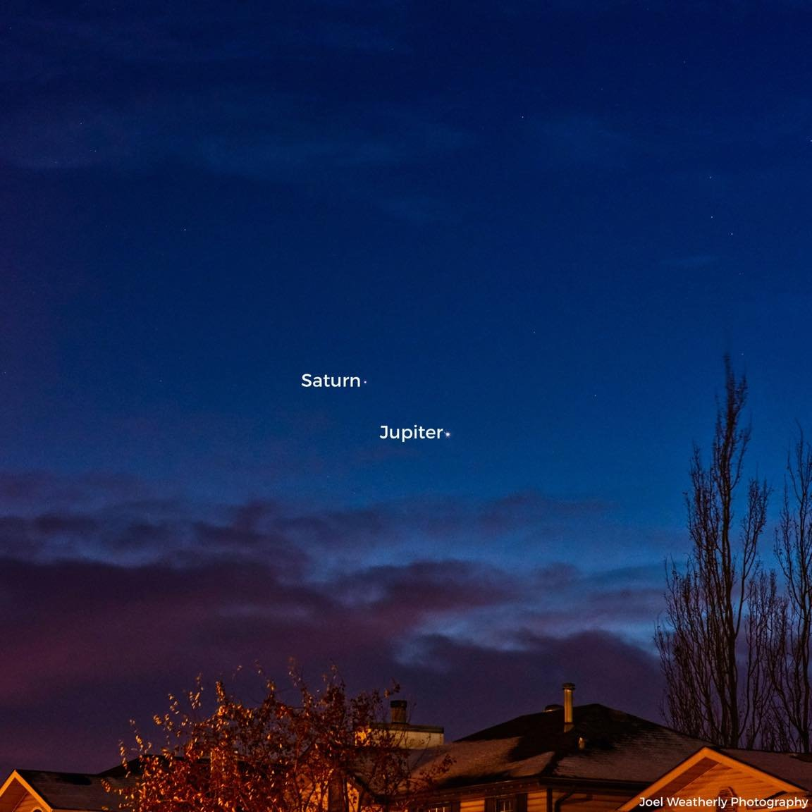 If you look to the western sky after sunset, you can clearly see Saturn and Jupiter, which is the brighter of the two.