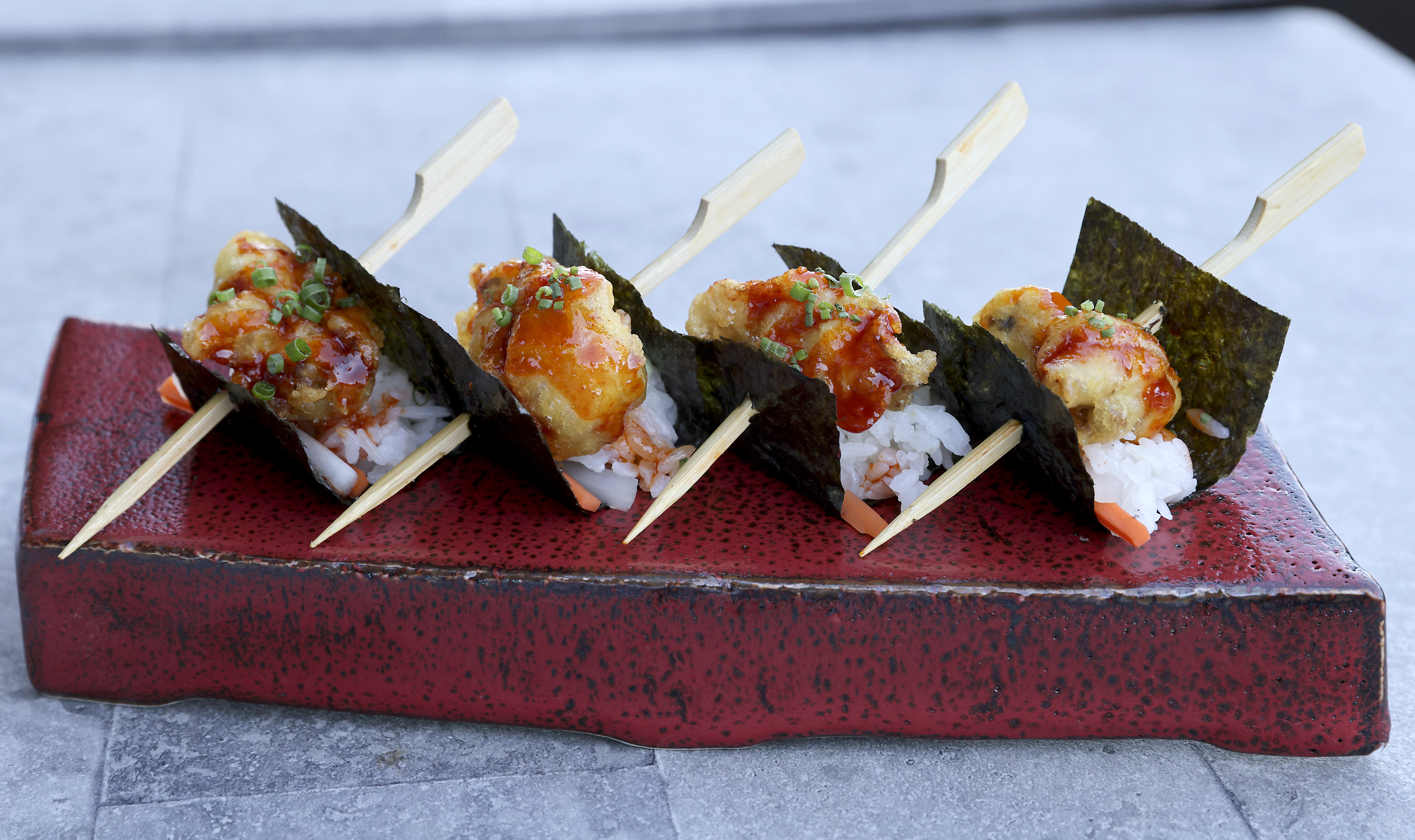 The tempura oyster "tacos" served at Nautilus Pier 4.