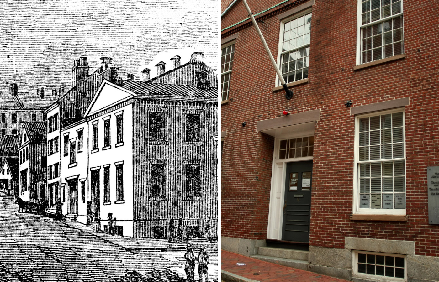 Left: An 1849 engraving of the Abiel Smith School, the first public school established for Black children in the United States. Right: The building is now part of the Museum of African American History’s Boston campus.