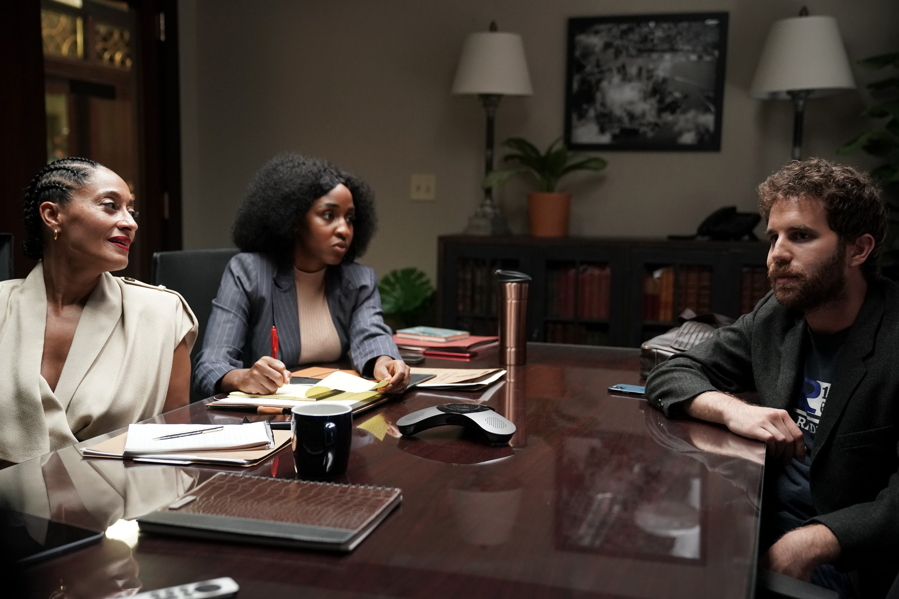 From left: Tracee Ellis Ross, Ayo Edebiri, and Ben Platt in "Social Justice Sex Tape," the premiere episode of B.J. Novak's "The Premise."