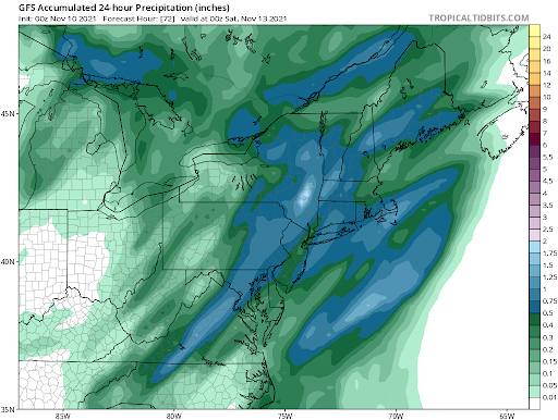 Total rainfall Friday as predicted by the GFS is between half an inch and an inch and a half for most of southern New England.