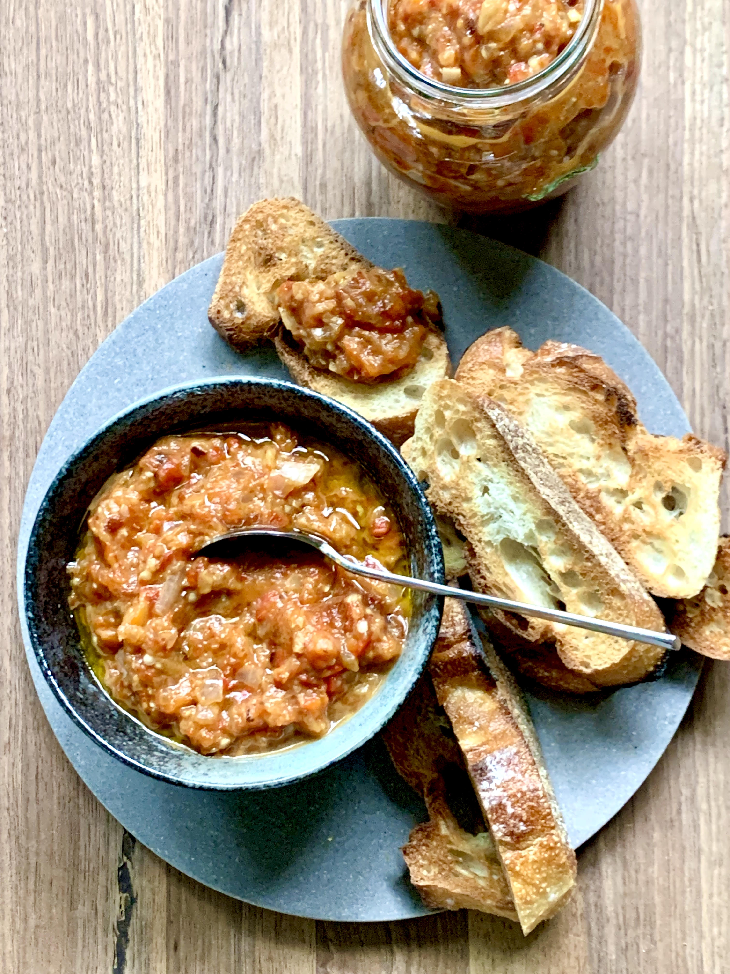 Avjar, Balkan roasted red pepper and eggplant spread.