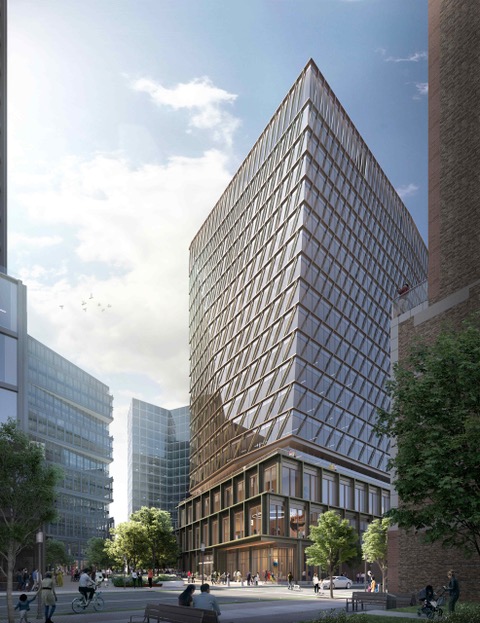 The two theaters would occupy the second and third floors of the Amazon building, shown in this artist's rendering and slated to open in 2024.