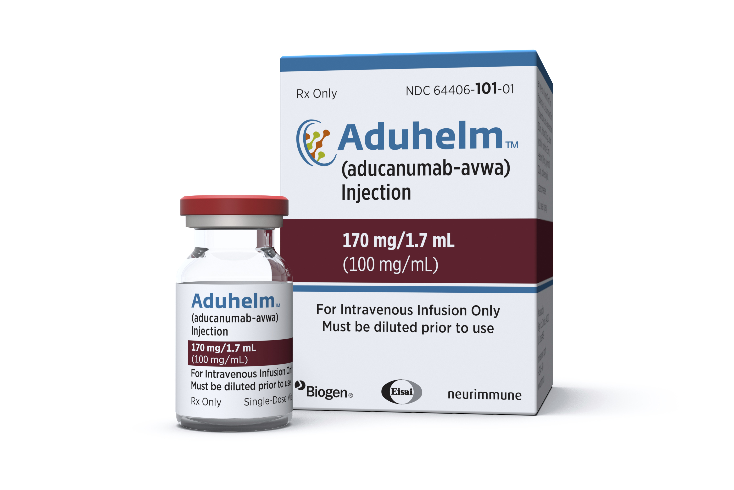 A vial and packaging for the drug Aduhelm.