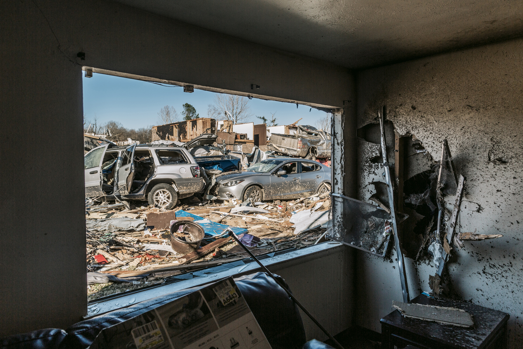 Looking out from the destroyed Dawson Village Apartments in Dawson Springs, Ky., where a tornado flattened much of the town Friday night.