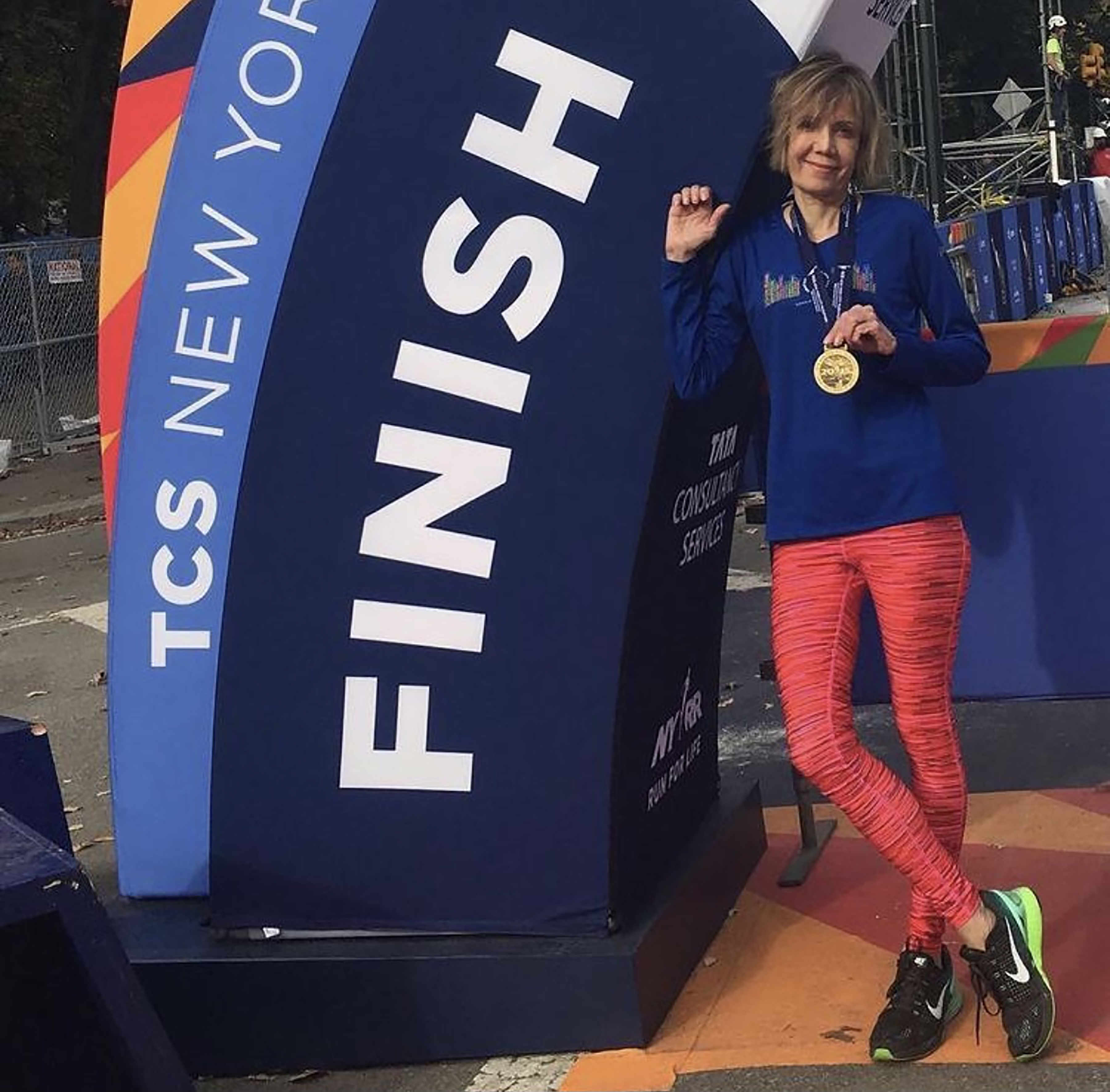 In an image provided by Christina Restivo, Liesbeth Stoeffler at the finish line of the 2015 New York City Marathon.