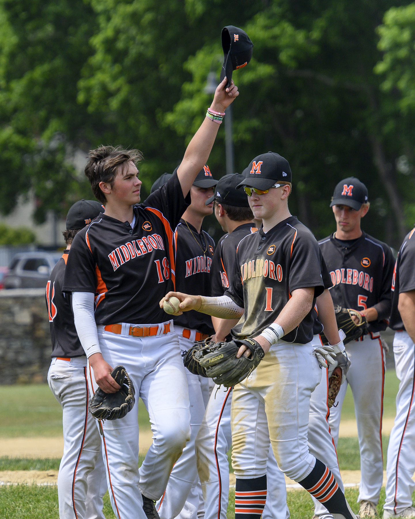 Justin Plausky (18), Derek Zakroski (1) and their Middleborough baseball teammates have celebrated 10 victories, and no losses, thus far in 2021.