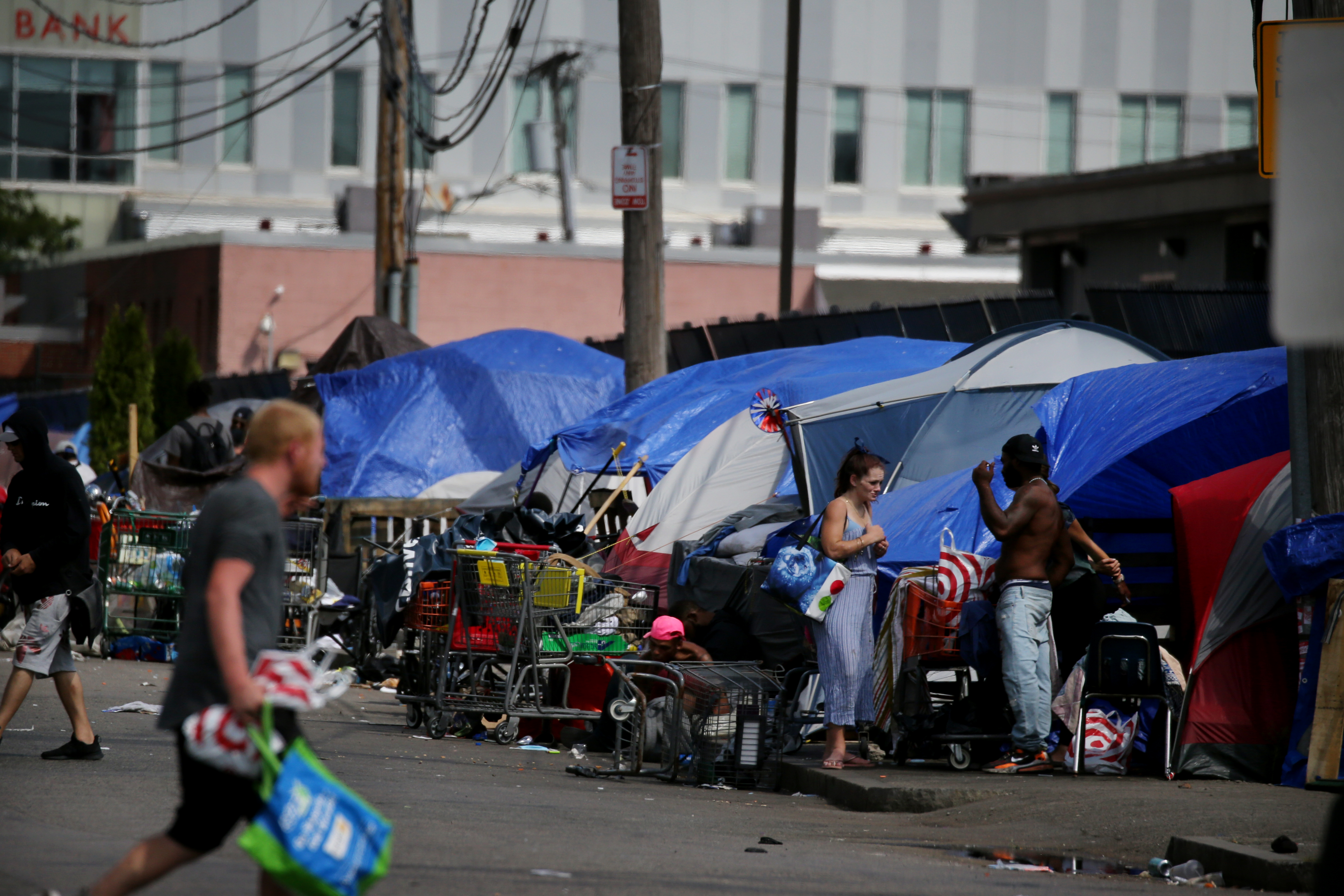 Tents and makeshift shelters lined Topeka Street in the area known as Mass. and Cass in Boston.