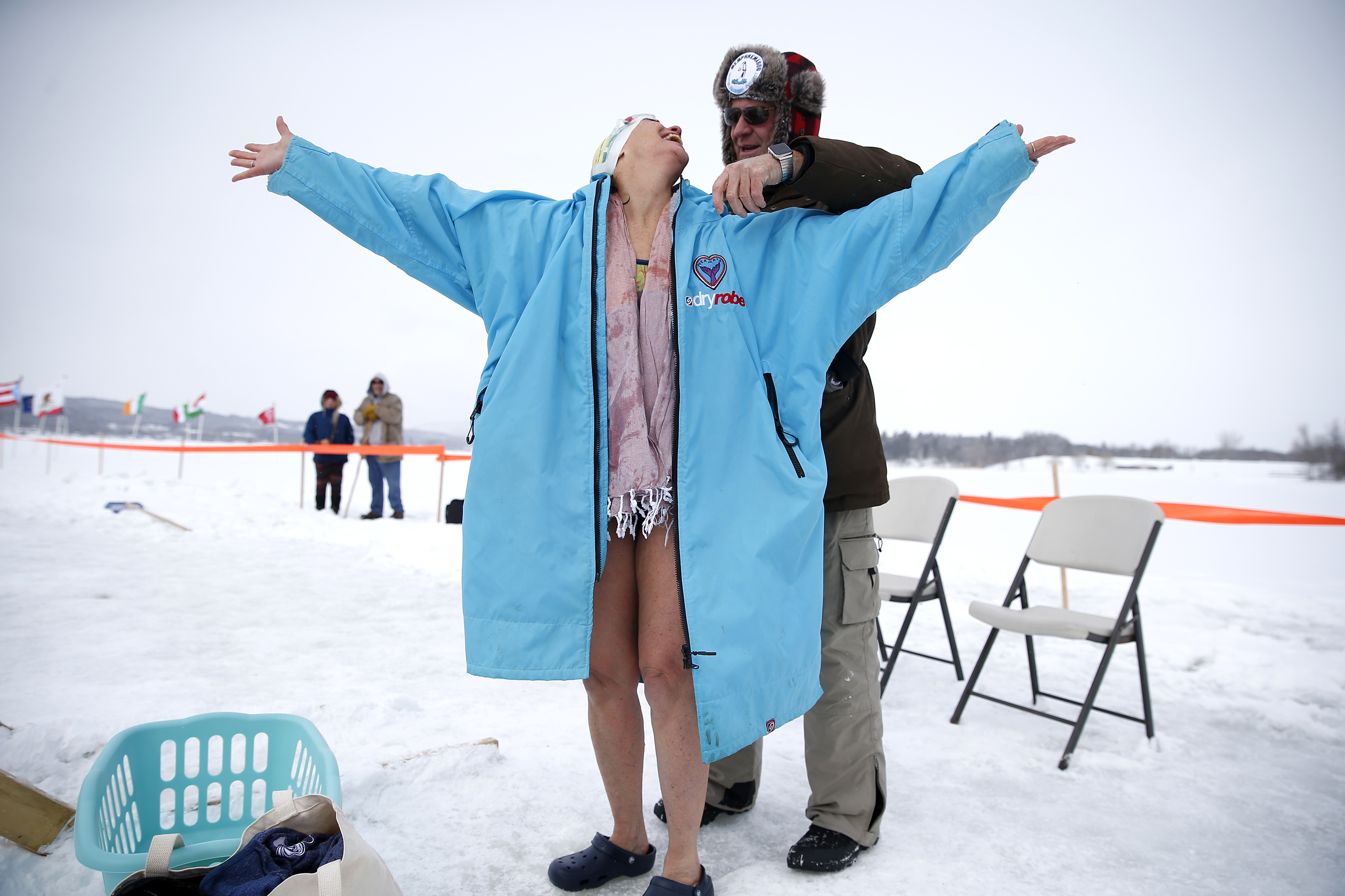 Martha Wood of Manchester-by-the-Sea thanked her “stripper” as he helped to get her clothes back on after she emerged from the pool at Lake Memphremagog.