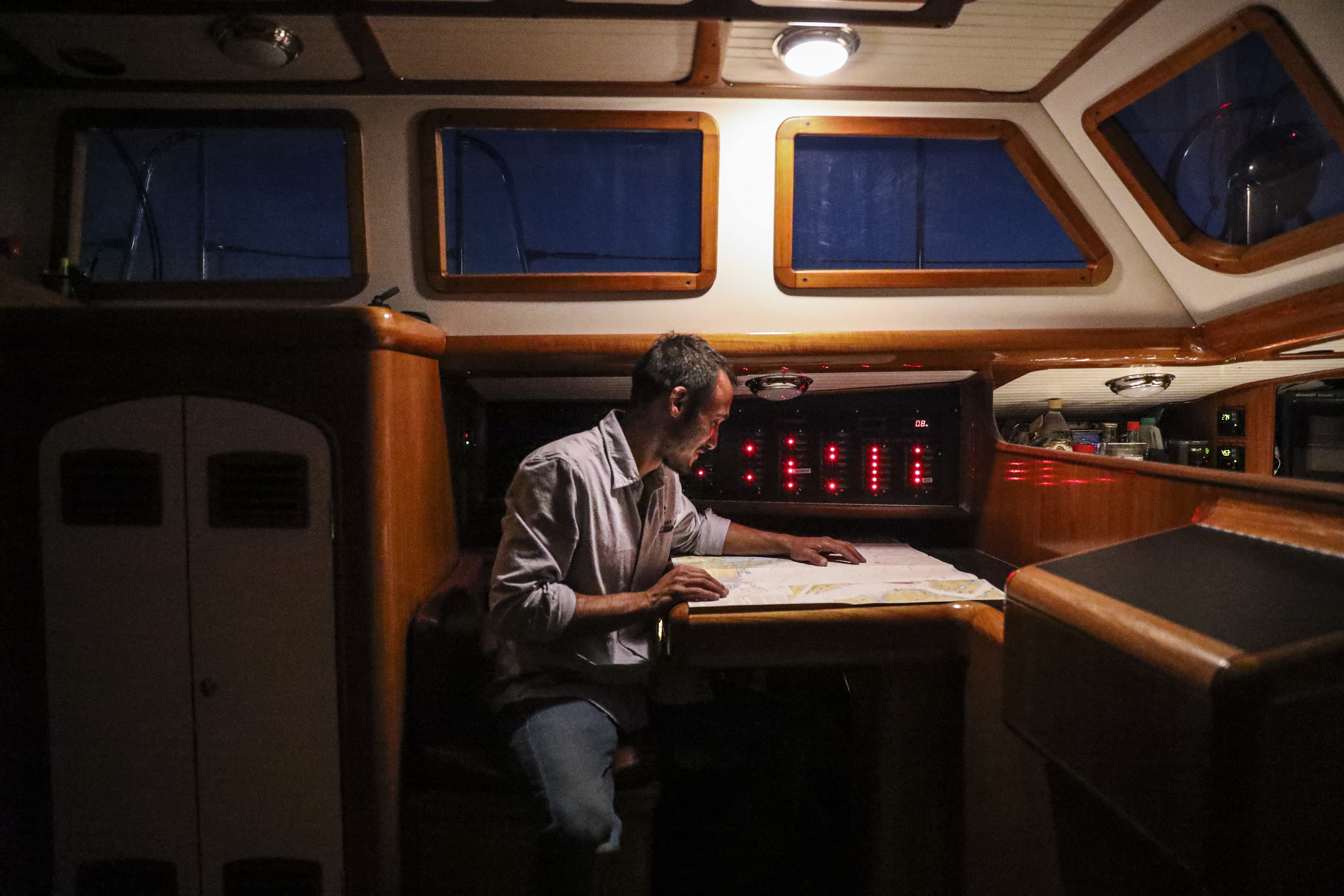 Galdo studied a nautical map below deck of his 50-foot sailboat. “I’m definitely scared,” the former rancher said. “I was good at what I did. To go from that to having to learn all new stuff is spooky, as well as exciting.”