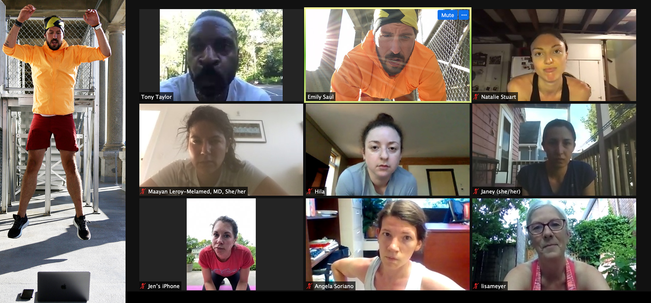 Chris Capozzi led a virtual workout class for November Project from Harvard Stadium on June 23. Others tuned in via Zoom.