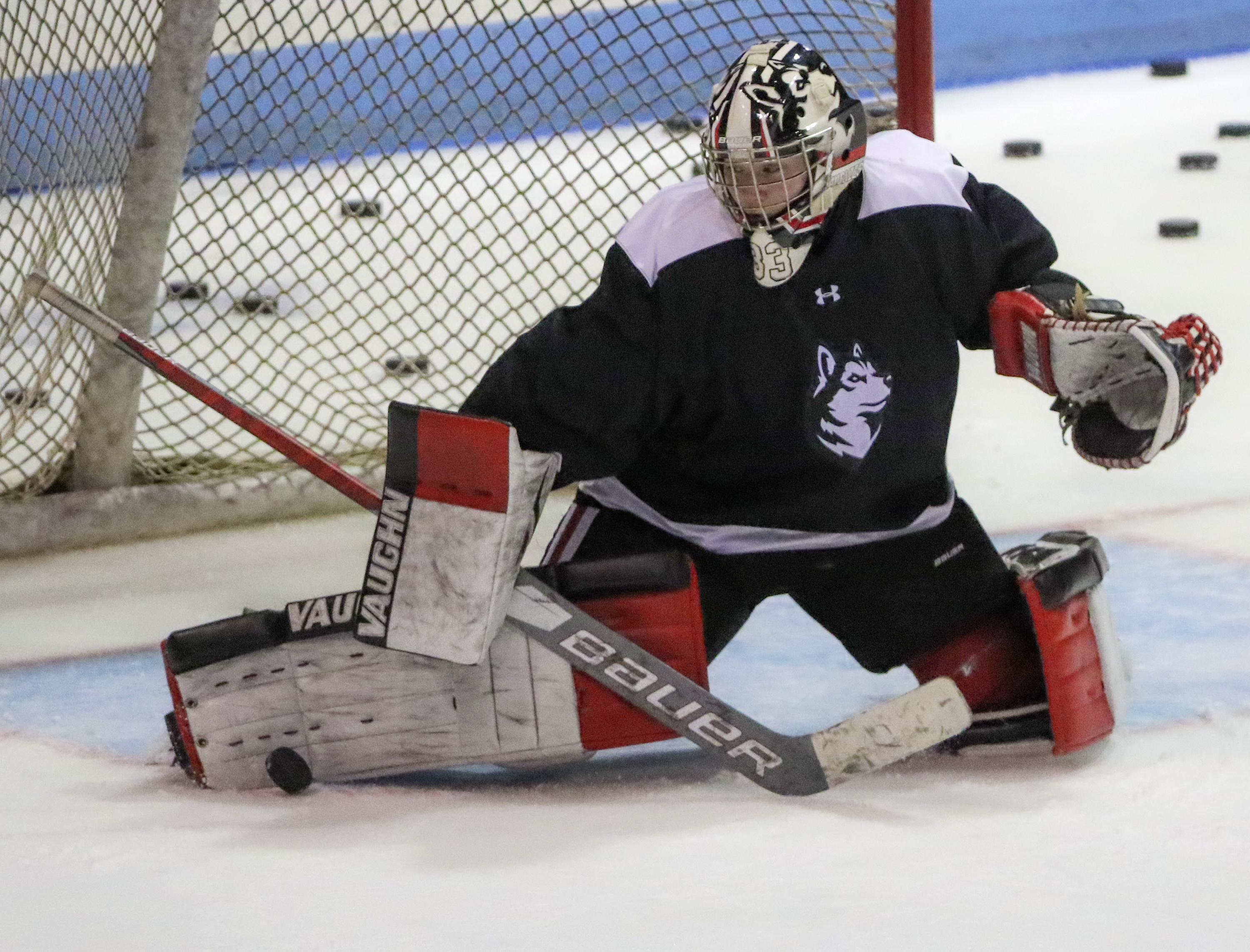 Aerin Frankel making a pad save during practice at Matthews Arena earlier this week.