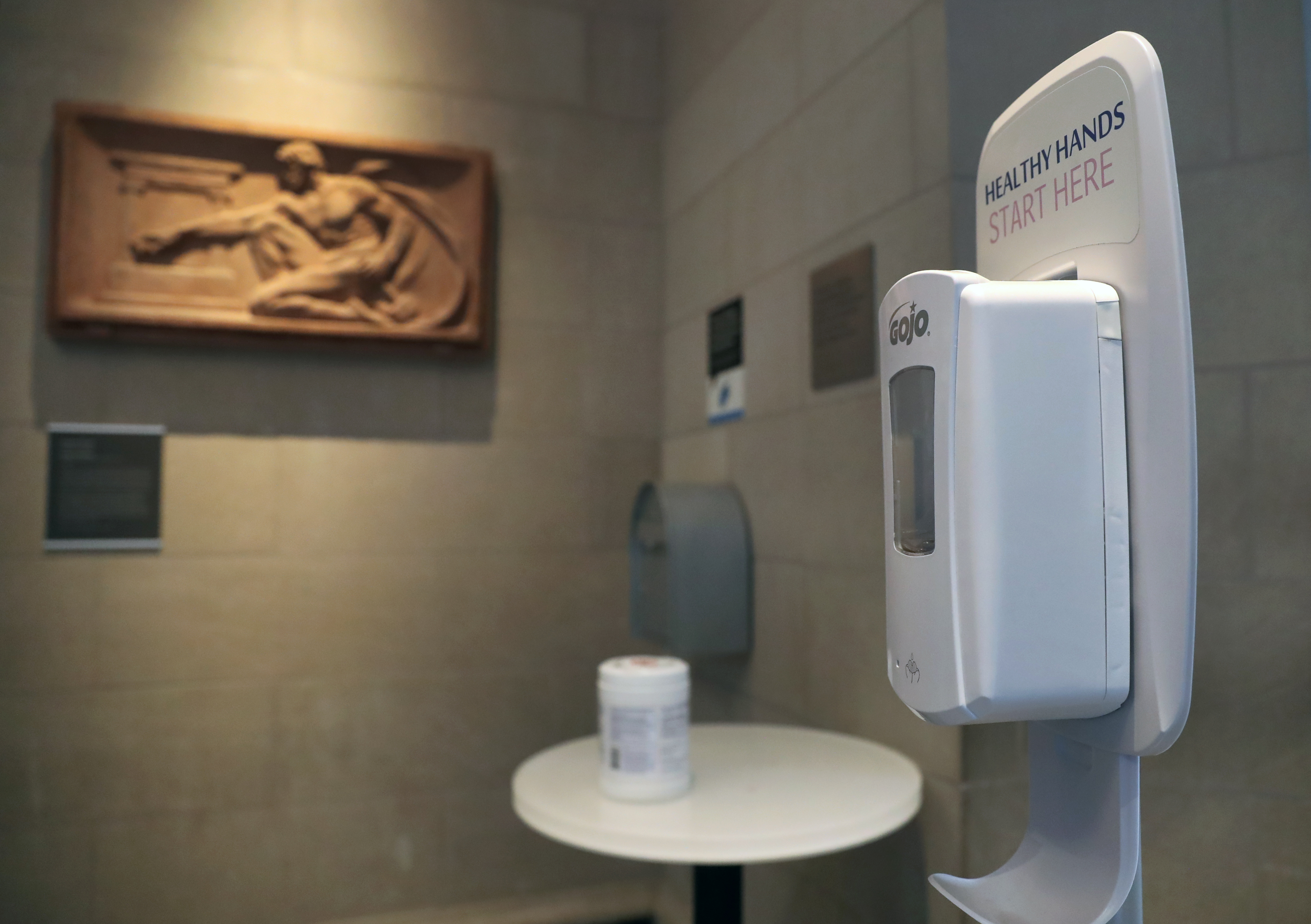 Hand sanitizer dispensers are stationed throughout the MFA.