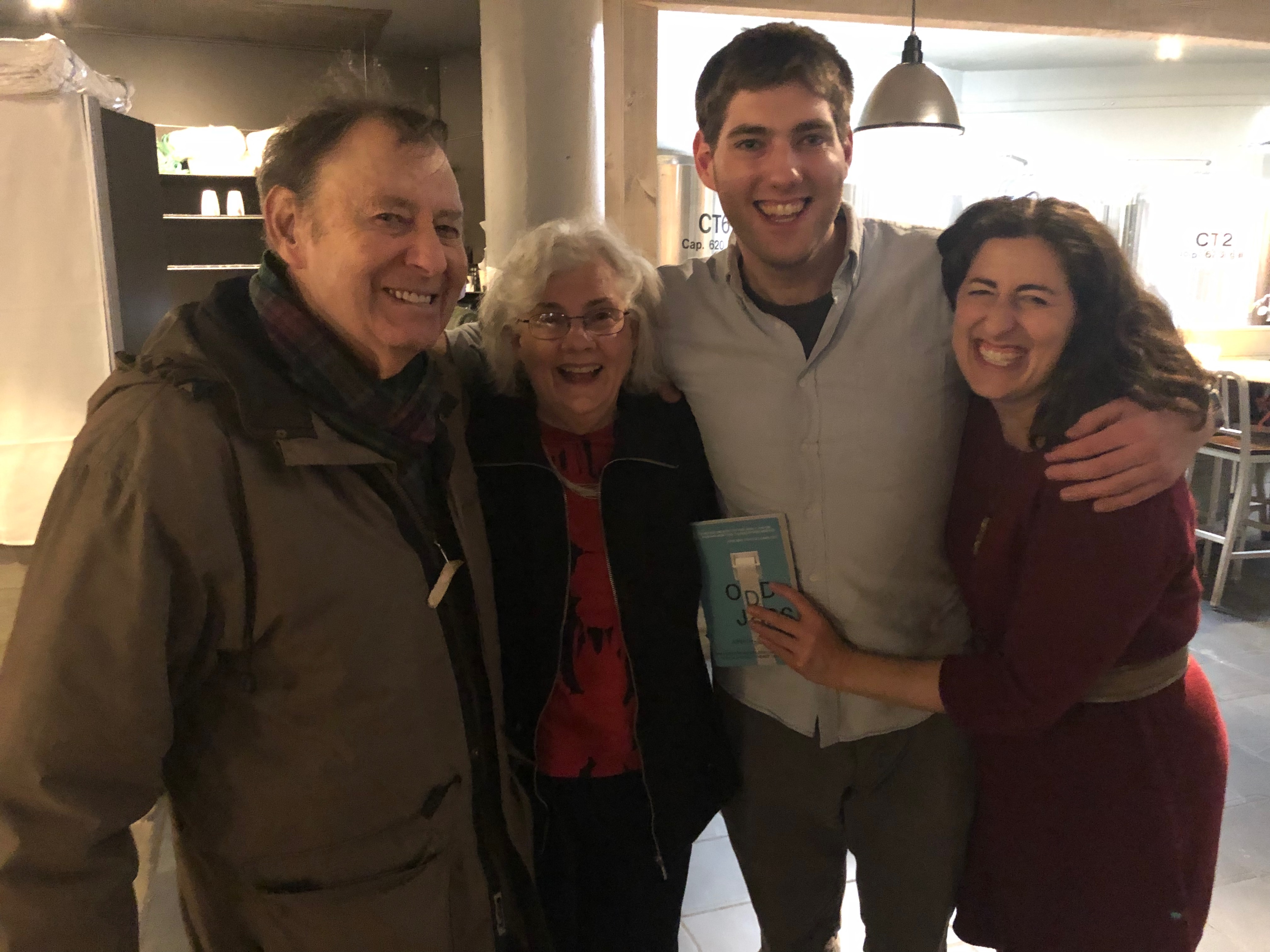 The Krieger family – Neil, Susan, Jonathan, and Hilary – at the book release party for "Odd Jobs: One Man's Life Working Every Gig He Could Find, from Bathroom Attendant to Bikini Model," a 2019 book by Jonathan Krieger.