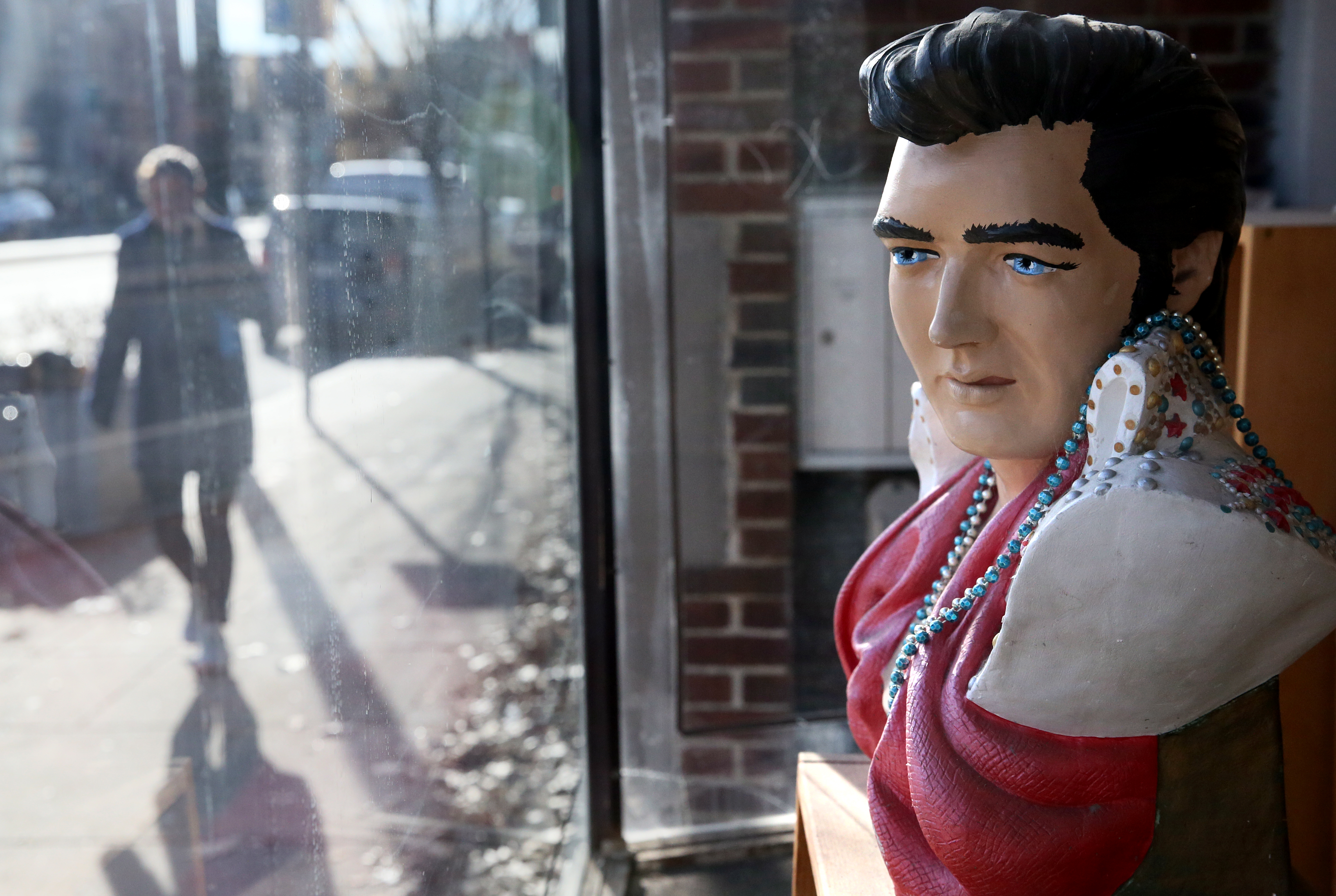 A bust of Elvis Presley was displayed in the window at Stereo Jack’s on Massachusetts Avenue in Cambridge.